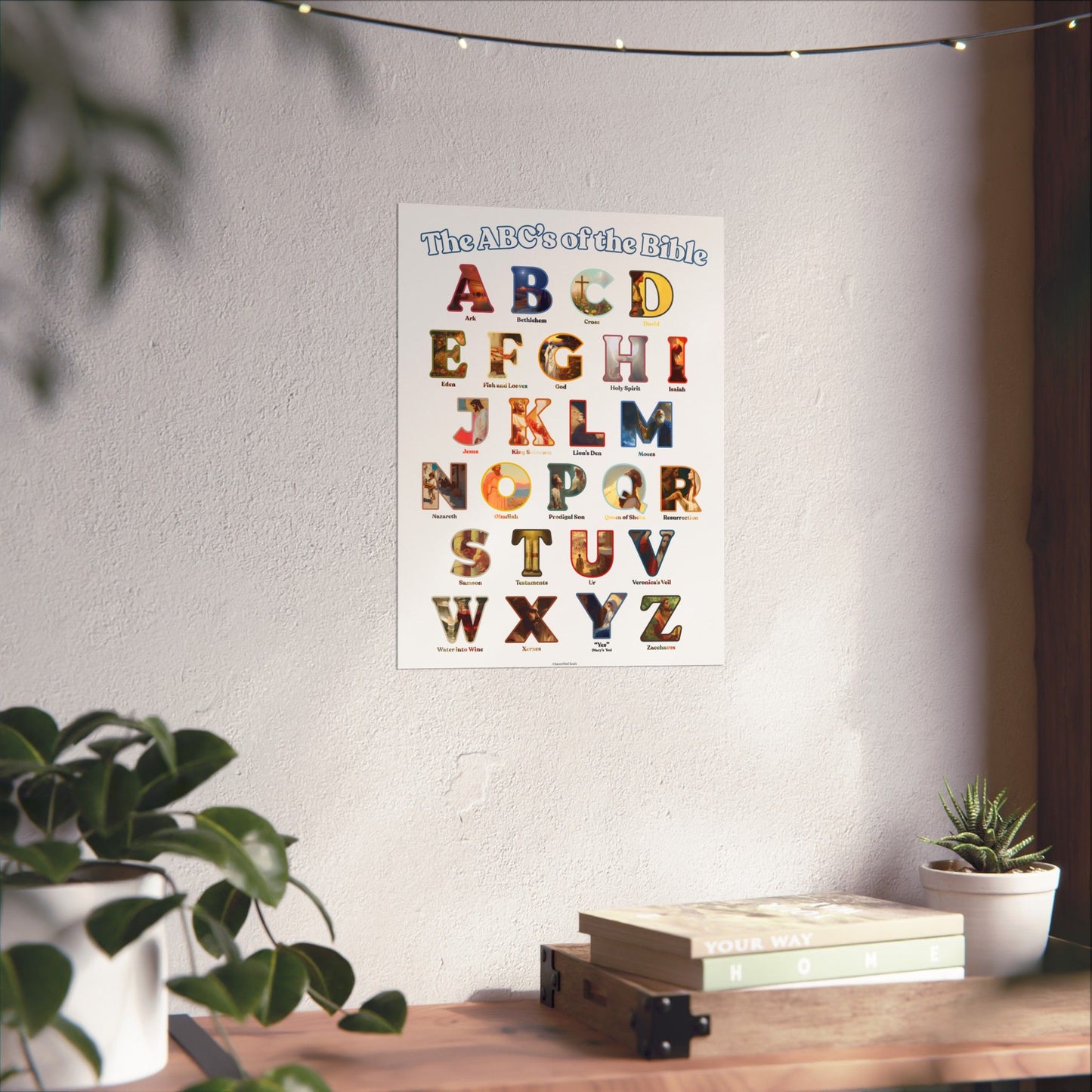 Bible ABC Poster - ABCs of the Bible Wall Art - Biblical People Places and Stories Chart - Christian Homeschool or Sunday School Decor
