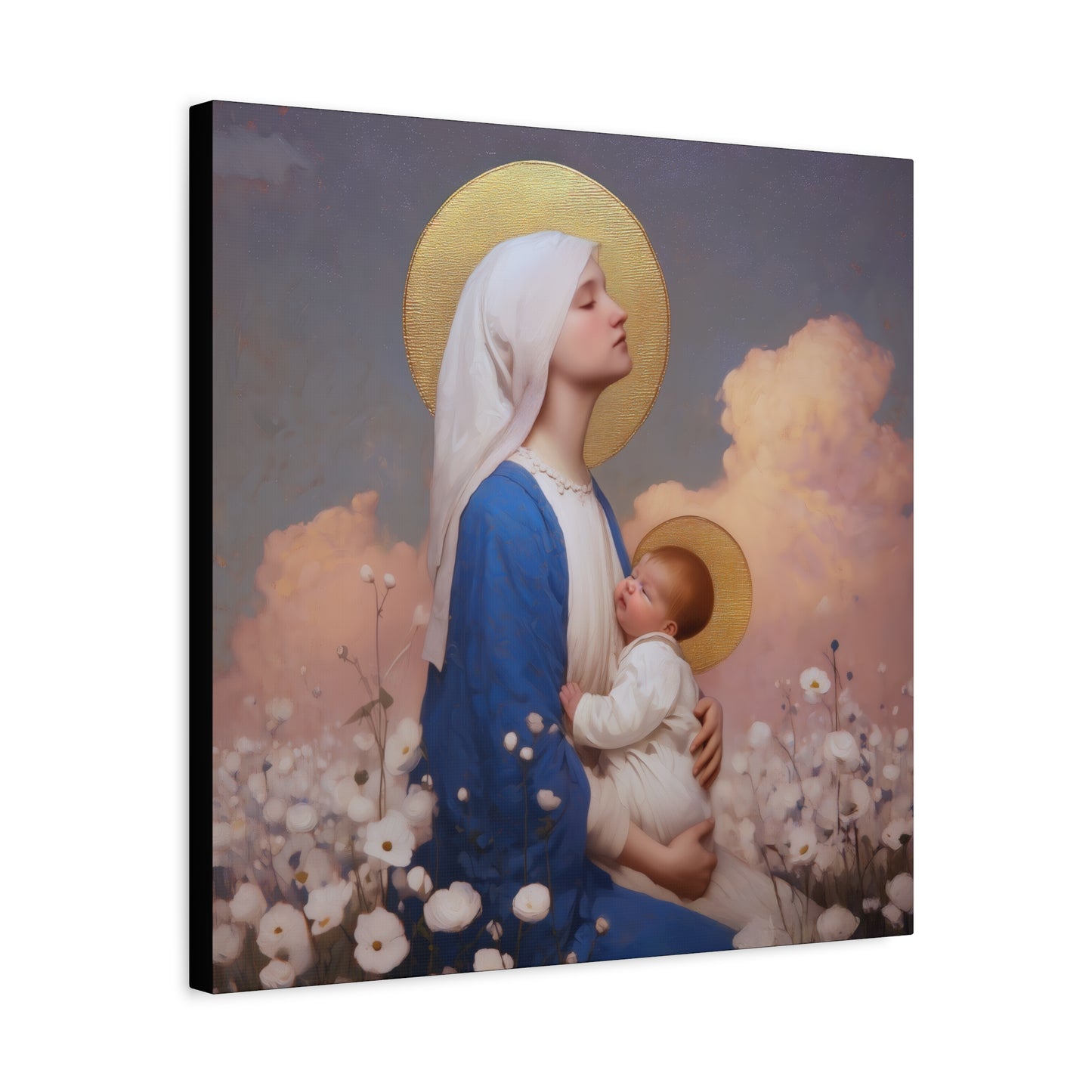 Mother Mary - Our Lady Among the Flowers -  Museum Wrapped Canvas - Sanctified Souls Print - Religious Art for your Home - Catholic Mother Mary Art