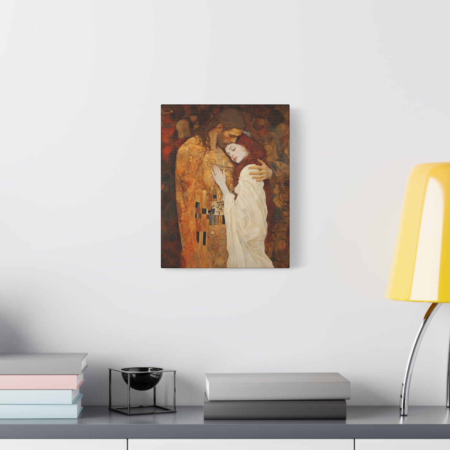 Transcendent Devotion: Christ Embracing Mary Magdalene Museum Wrapped Canvas - Sanctified Souls Print - Based on Klimt's The Kiss