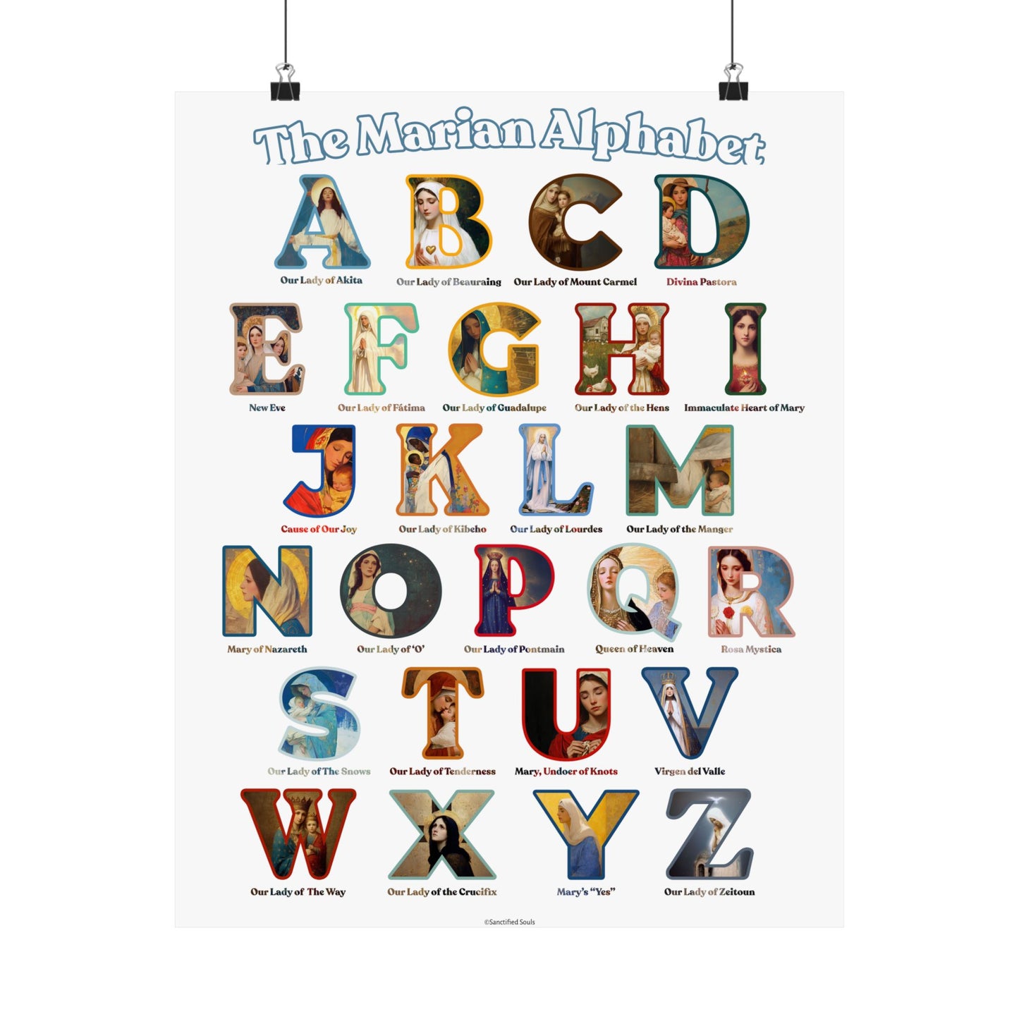 Catholic Marian Alphabet Poster - ABC Wall Art - Marian Titles Catholic Print - Catholic Nursery or Homeschool Faith Decor - Mother Mary Art