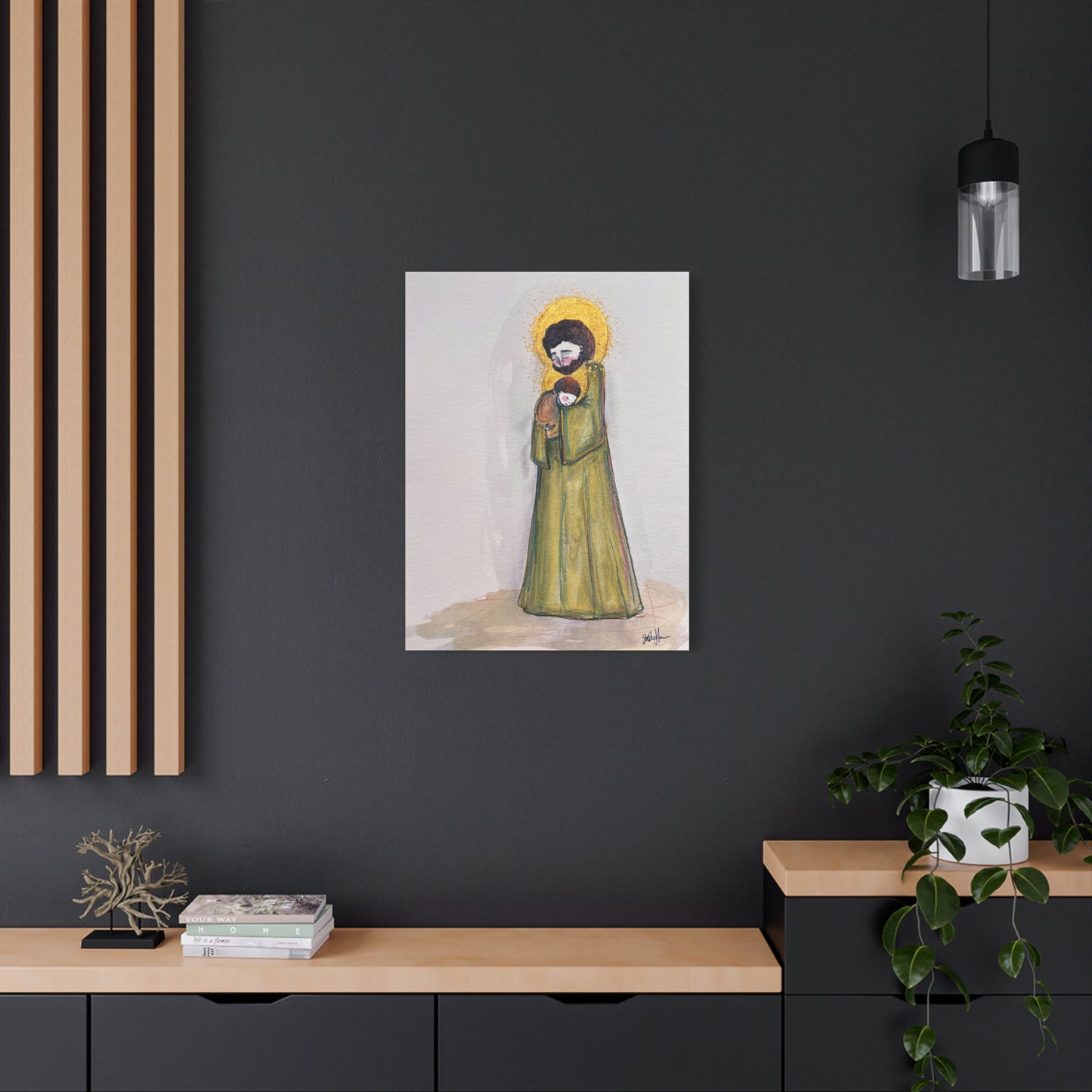 Saint Joseph and Child Jesus Catholic Canvas Print | Hand-Drawn Watercolor Sacred Art | Christian Devotional Wall Art