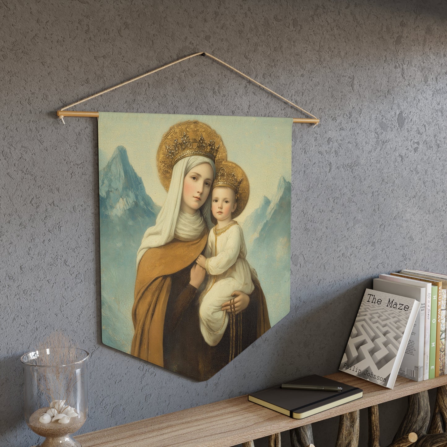 The Gift of the Scapular - Our Lady of Mount Carmel Pennant / Banner / Wall Hanging - Prayer room art - Catholic Home - 18" x 21"