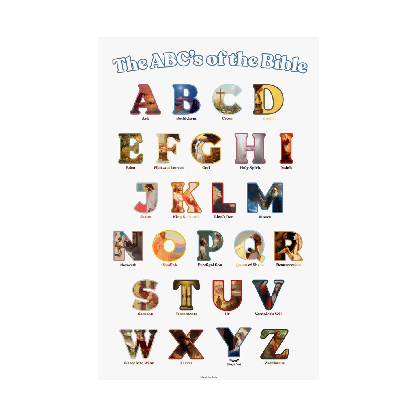 Bible ABC Poster - ABCs of the Bible Wall Art - Biblical People Places and Stories Chart - Christian Homeschool or Sunday School Decor