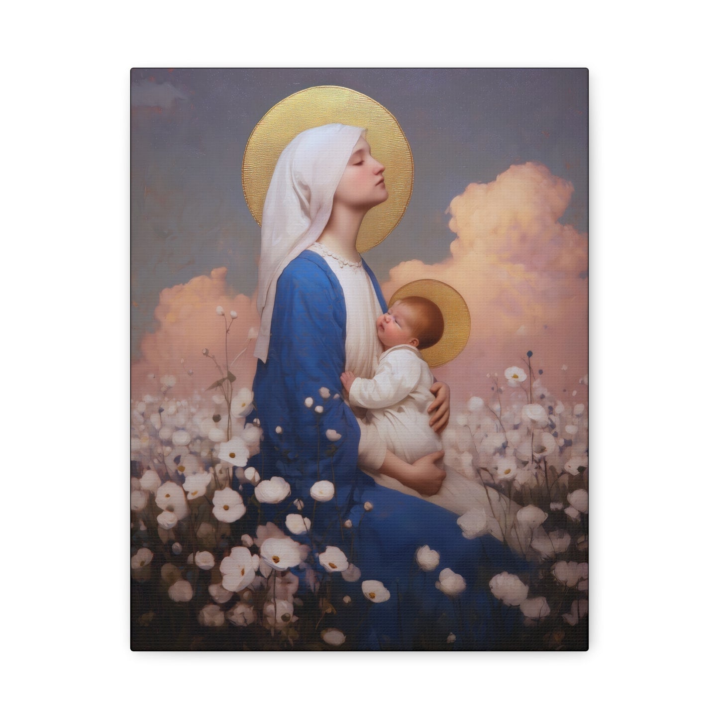 Mother Mary - Our Lady Among the Flowers -  Museum Wrapped Canvas - Sanctified Souls Print - Religious Art for your Home - Catholic Mother Mary Art