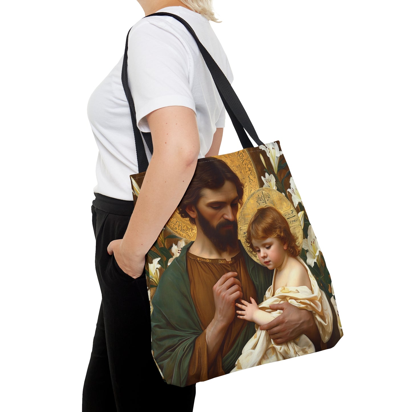 Saint Joseph and Jesus Tote Bag - Large Medium Small Faith Art Bag - Catholic Faith Purse - Double Sided - Religious Art - Christ Child