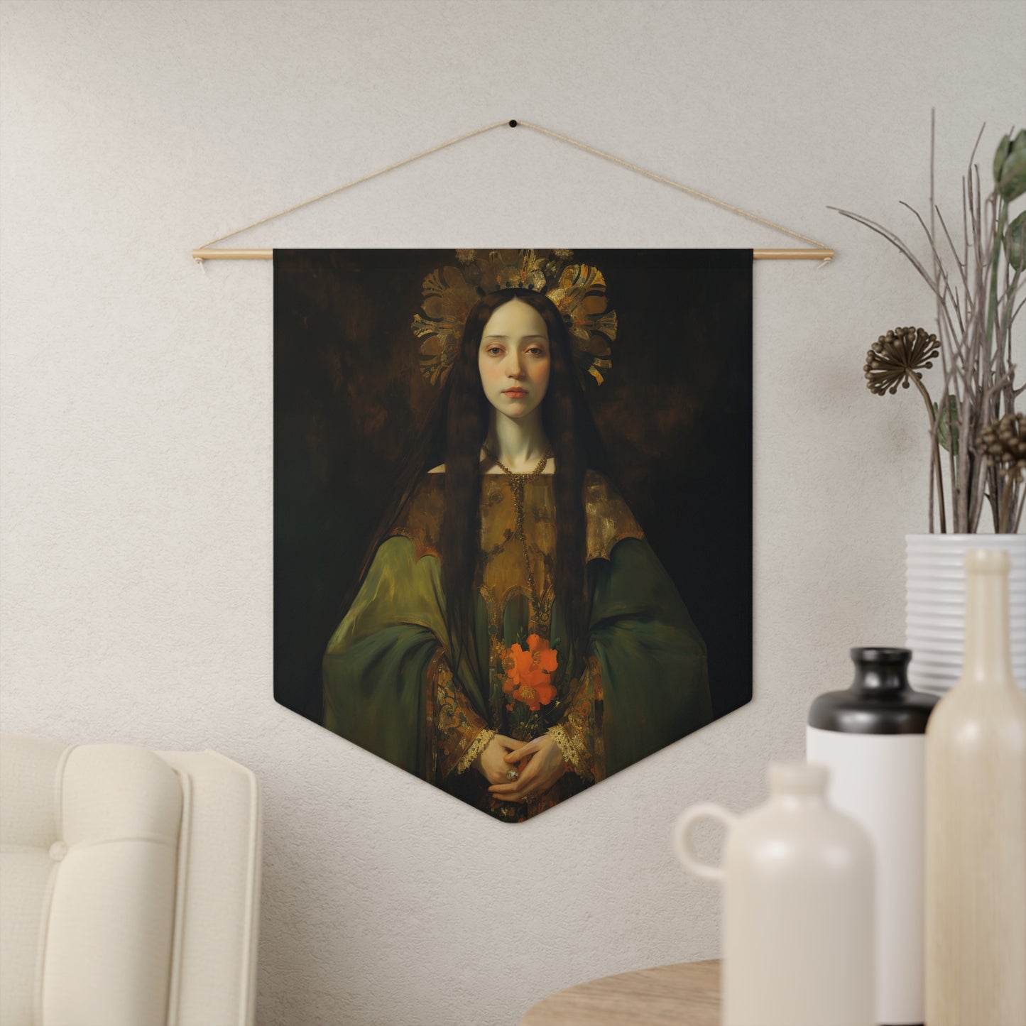 Saint Elizabeth of Portugal Wall Banner / Wall Hanging - Prayer room art - Catholic Home Art - Large Saint Art - 18" x 21"