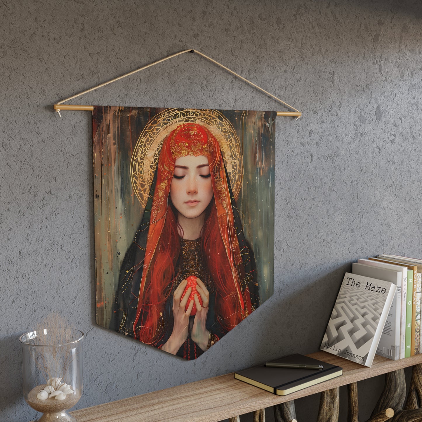 Devotion of Mary Magdalene - Saint Mary Magdalene and the Red Easter Egg Pennant / Banner / Wall Hanging - Prayer room art - 18" x 21"