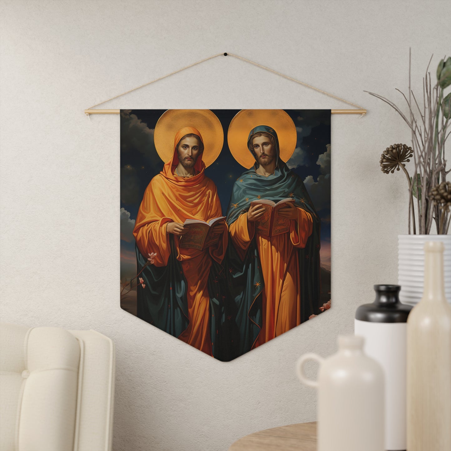 Saints Cosmas and Damian Wall Banner / Wall Hanging - Prayer room art - Catholic Home Art - Large Print - 18" x 21"