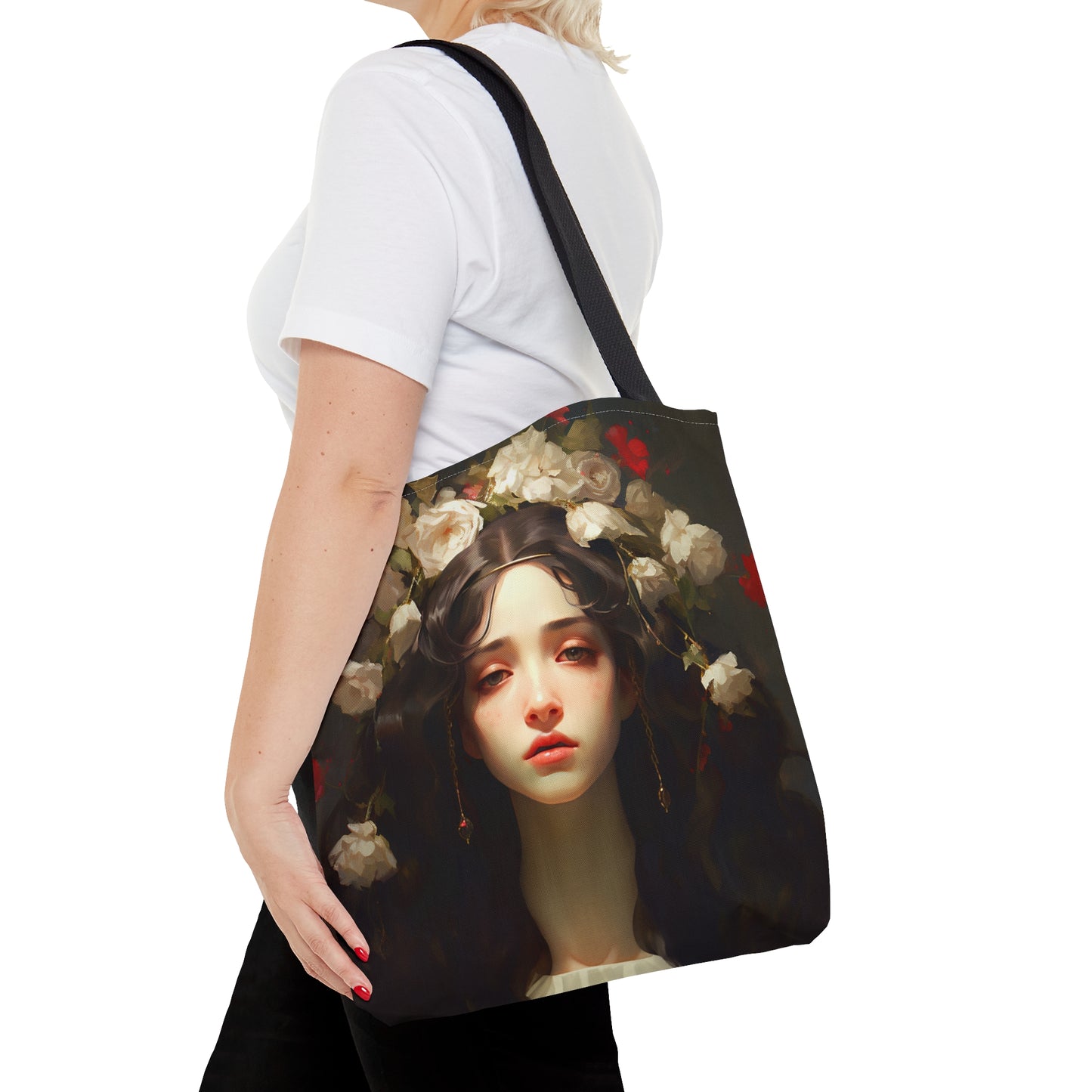 Saint FloraTote Bag - Large Medium Small Faith Art Bag - Re usable Tote Purse - Double Sided - Flowers portrait - Catholic Art Bag