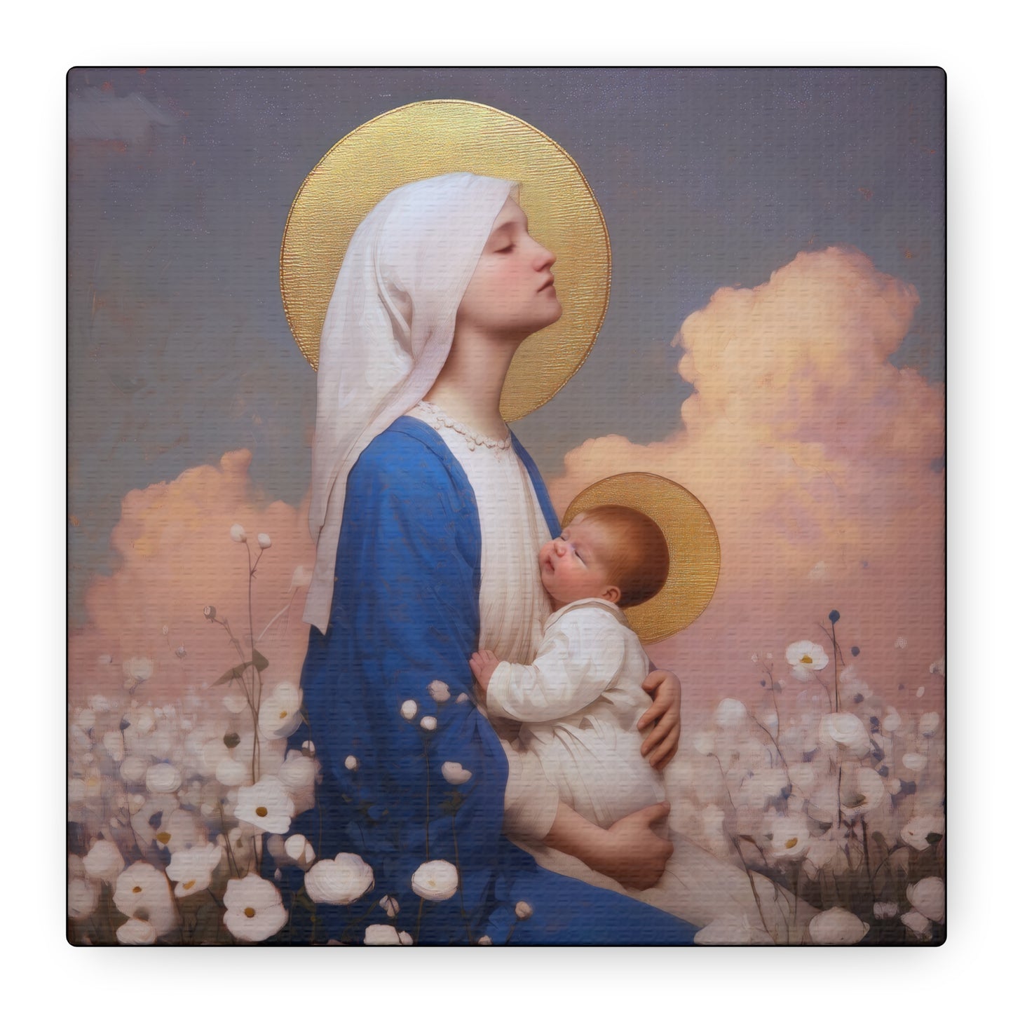 Mother Mary - Our Lady Among the Flowers -  Museum Wrapped Canvas - Sanctified Souls Print - Religious Art for your Home - Catholic Mother Mary Art