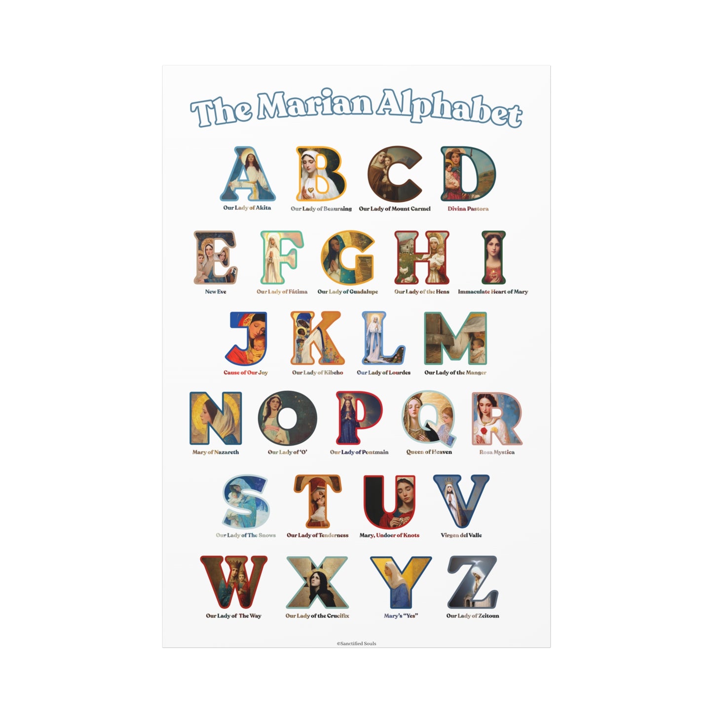 Catholic Marian Alphabet ABC Canvas - Full Alphabet Large Canvas - Catholic ABC Mary - Marian Titles - Catholic Nursery / Homeschool