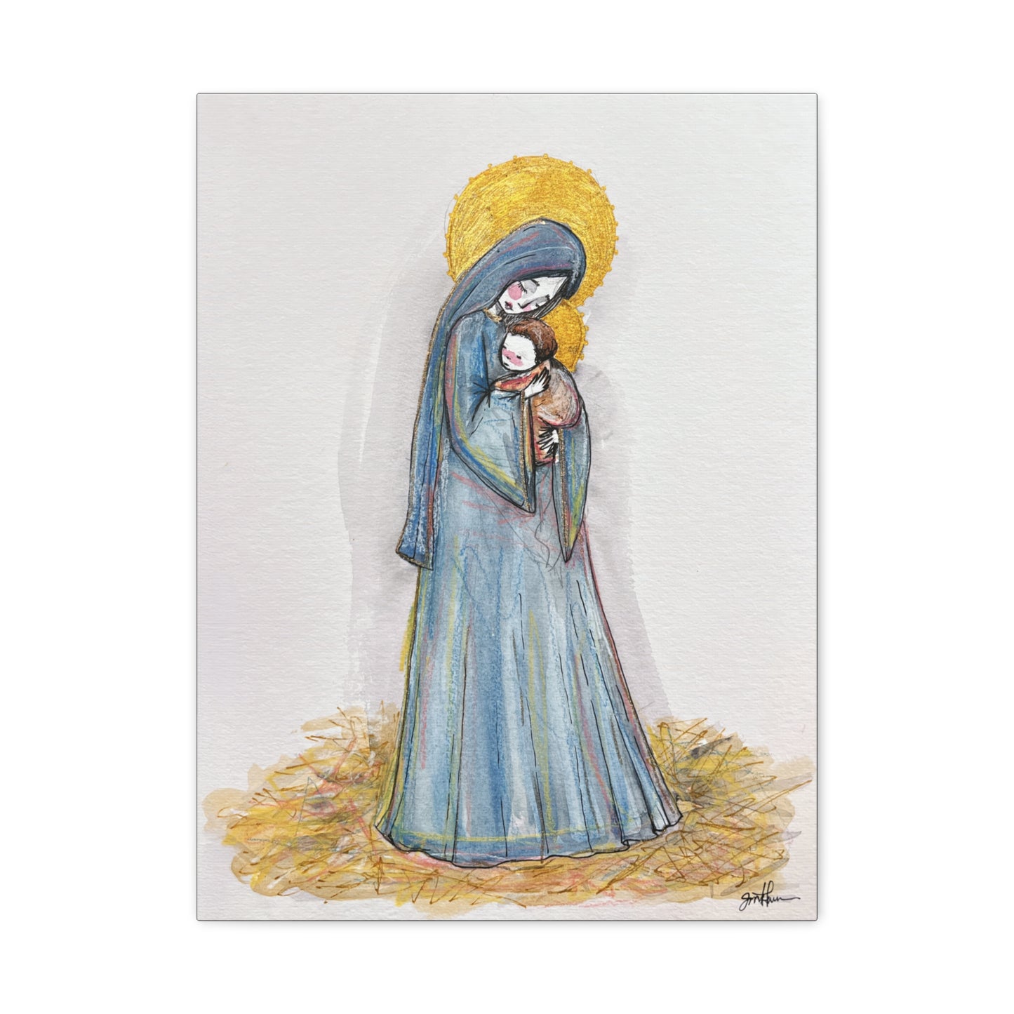 Our Lady of the Manger - Mother Mary Art - Catholic Canvas Print | Virgin Mary Sacred Art | Hand-Drawn Watercolor Christian Wall Art