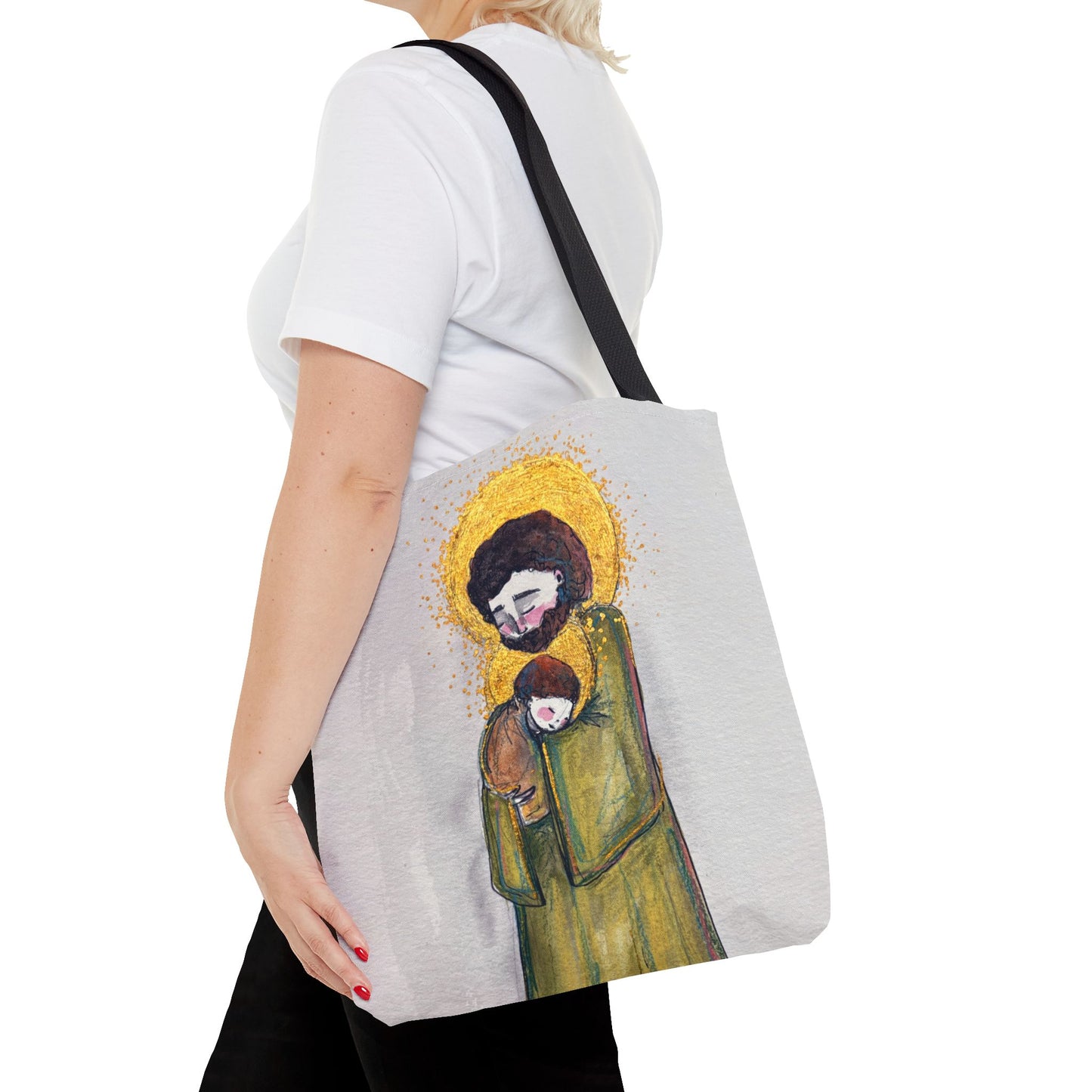 Saint Joseph Catholic Tote Bag | St Joseph and Child Christian Tote | Hand-Drawn Sacred Art Tote | Sanctified Solocosmo Religious Tote