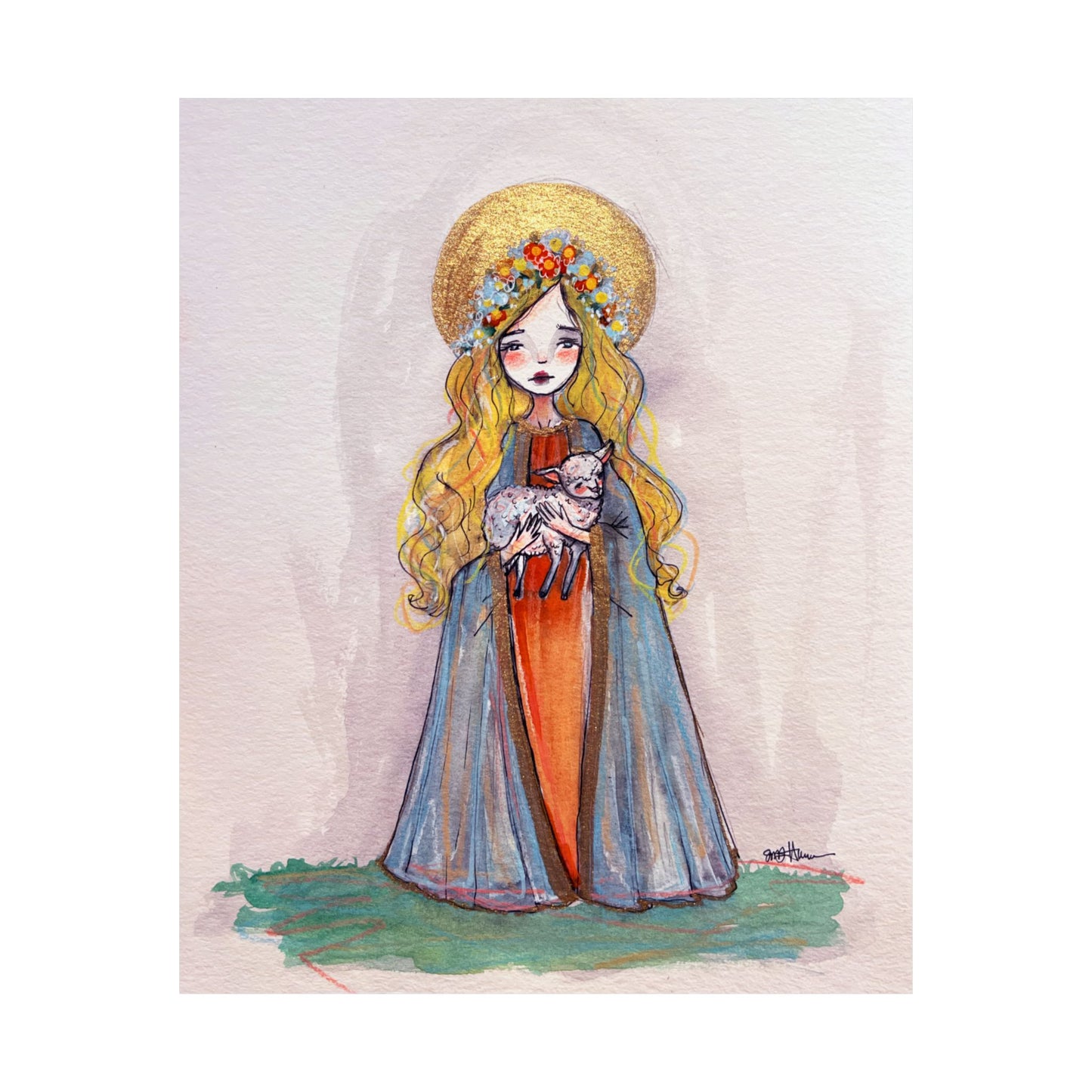 Saint Agnes of Rome Catholic Art Print | Hand-Drawn Watercolor Sacred Artwork | Christian Devotional Wall Art Religious Poster
