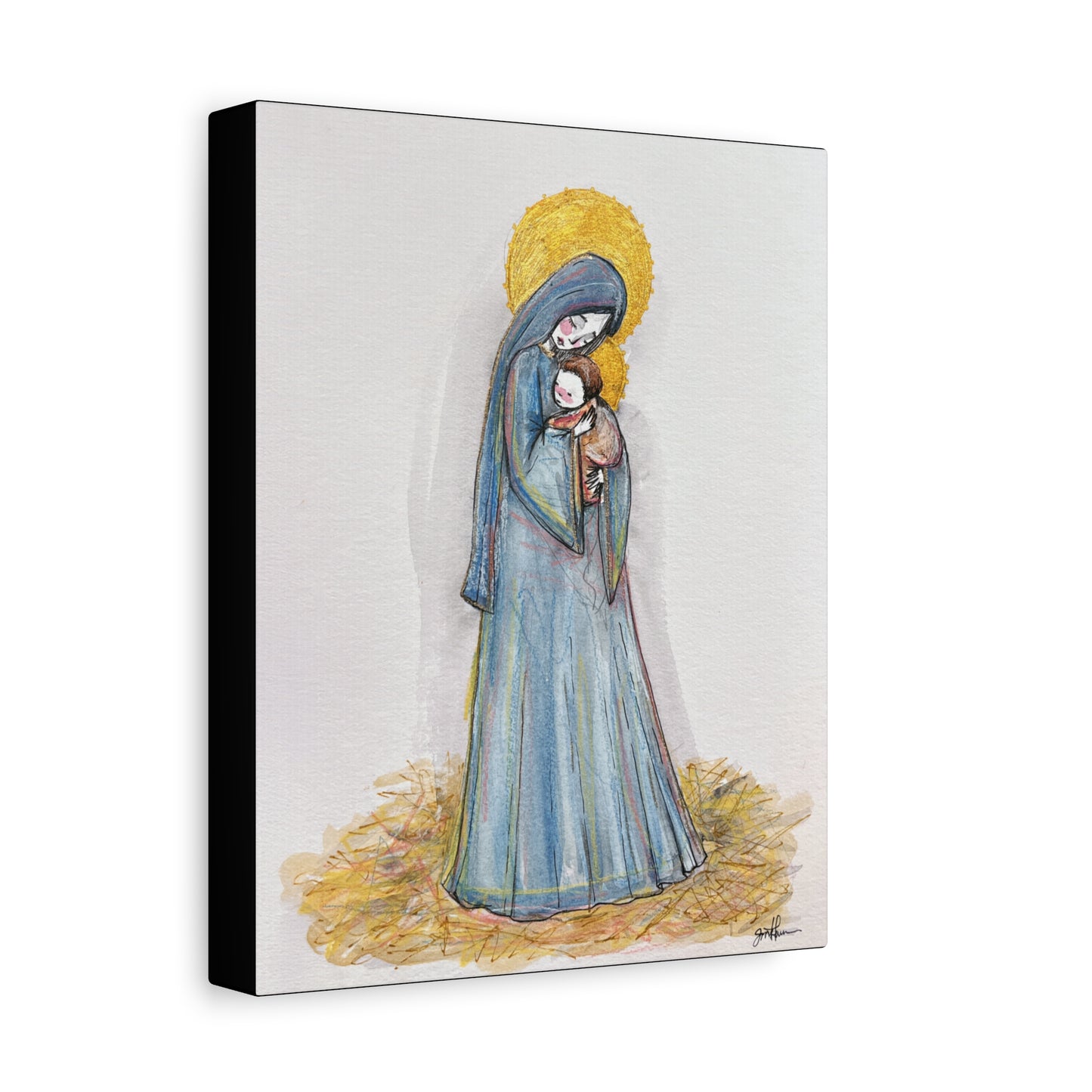 Our Lady of the Manger - Mother Mary Art - Catholic Canvas Print | Virgin Mary Sacred Art | Hand-Drawn Watercolor Christian Wall Art