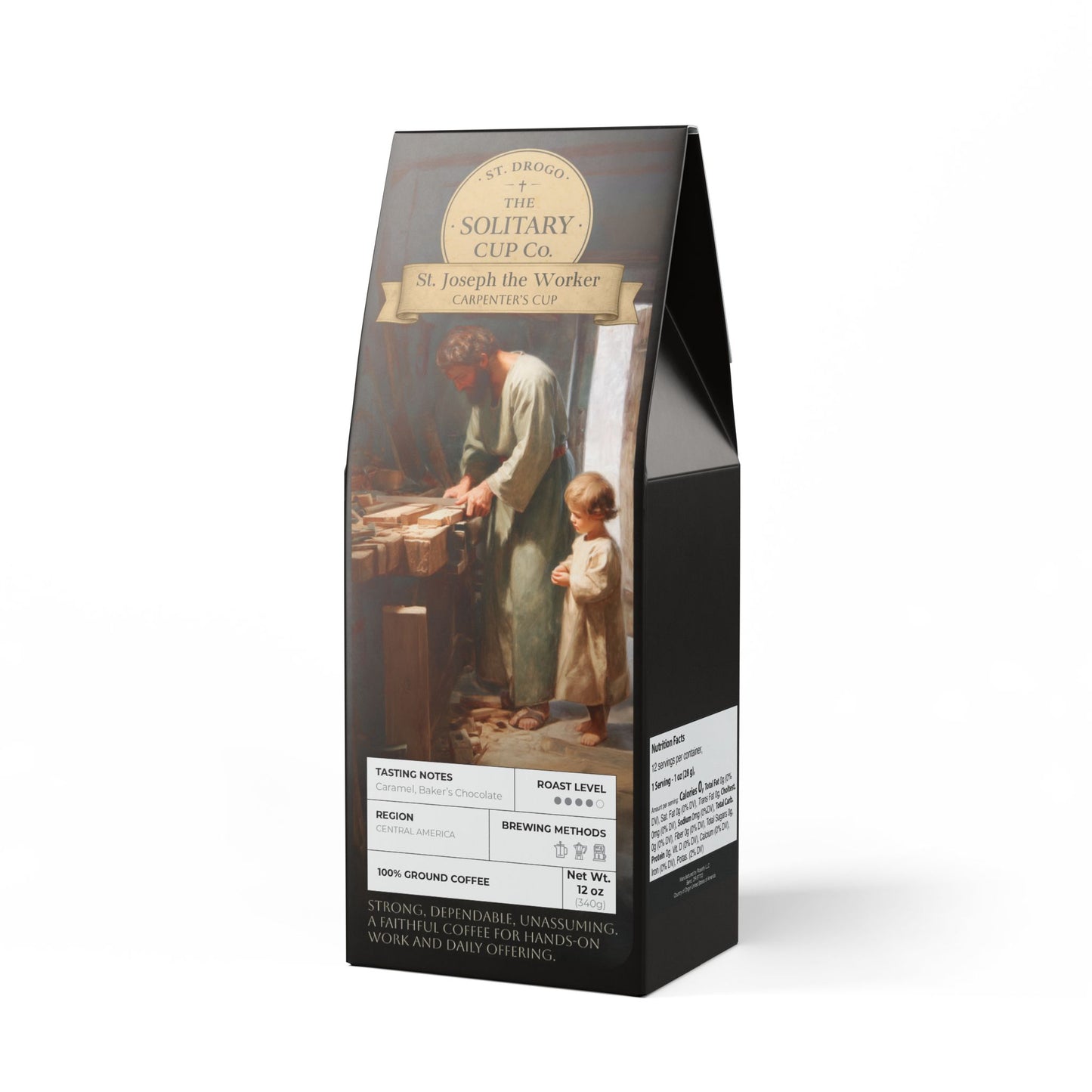 St. Joseph the Worker - Carpenter's Cup (Medium-Dark Roast) - St. Drogo - The Solitary Cup Co. - Artisan Catholic Saint Inspired Coffee - 12 oz.
