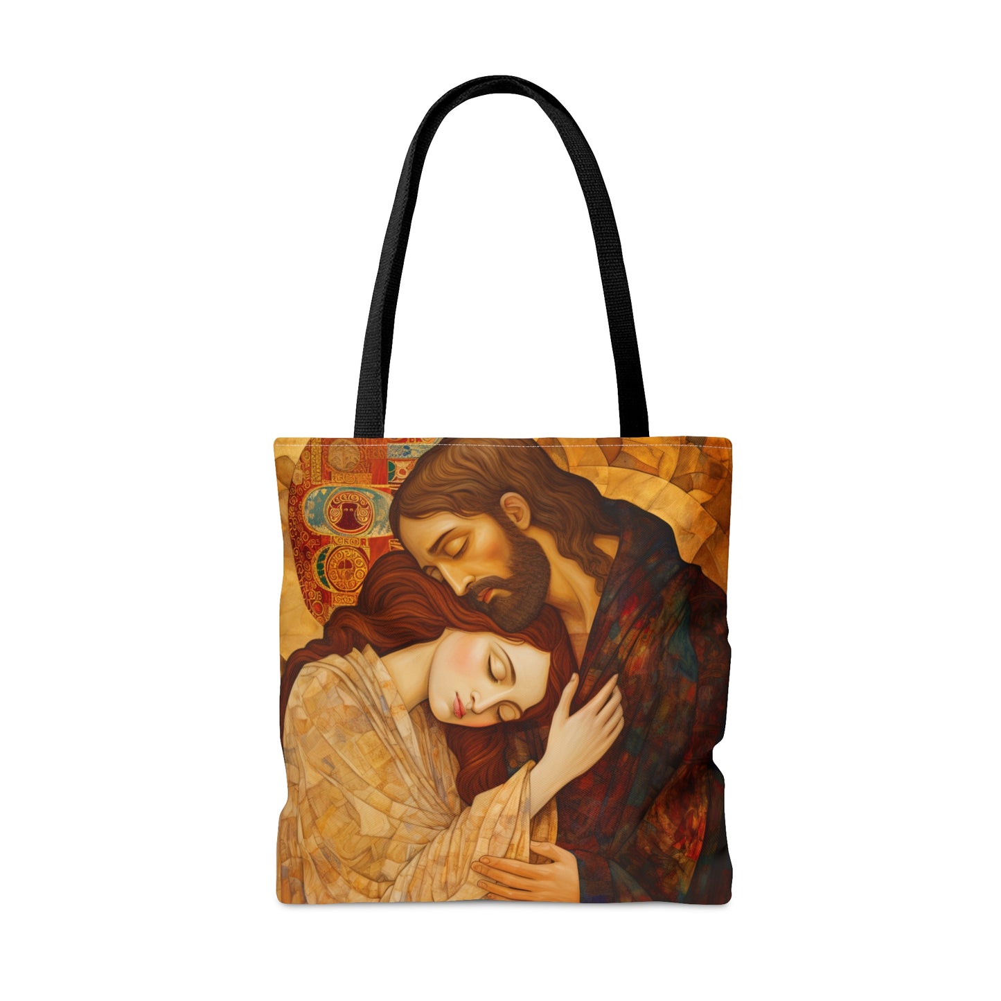 Healing Love- The Embrace of Christ and Mary Magdalene Tote Bag - Catholic faith inspired carry-all purse - Based on The Kiss by Klimt