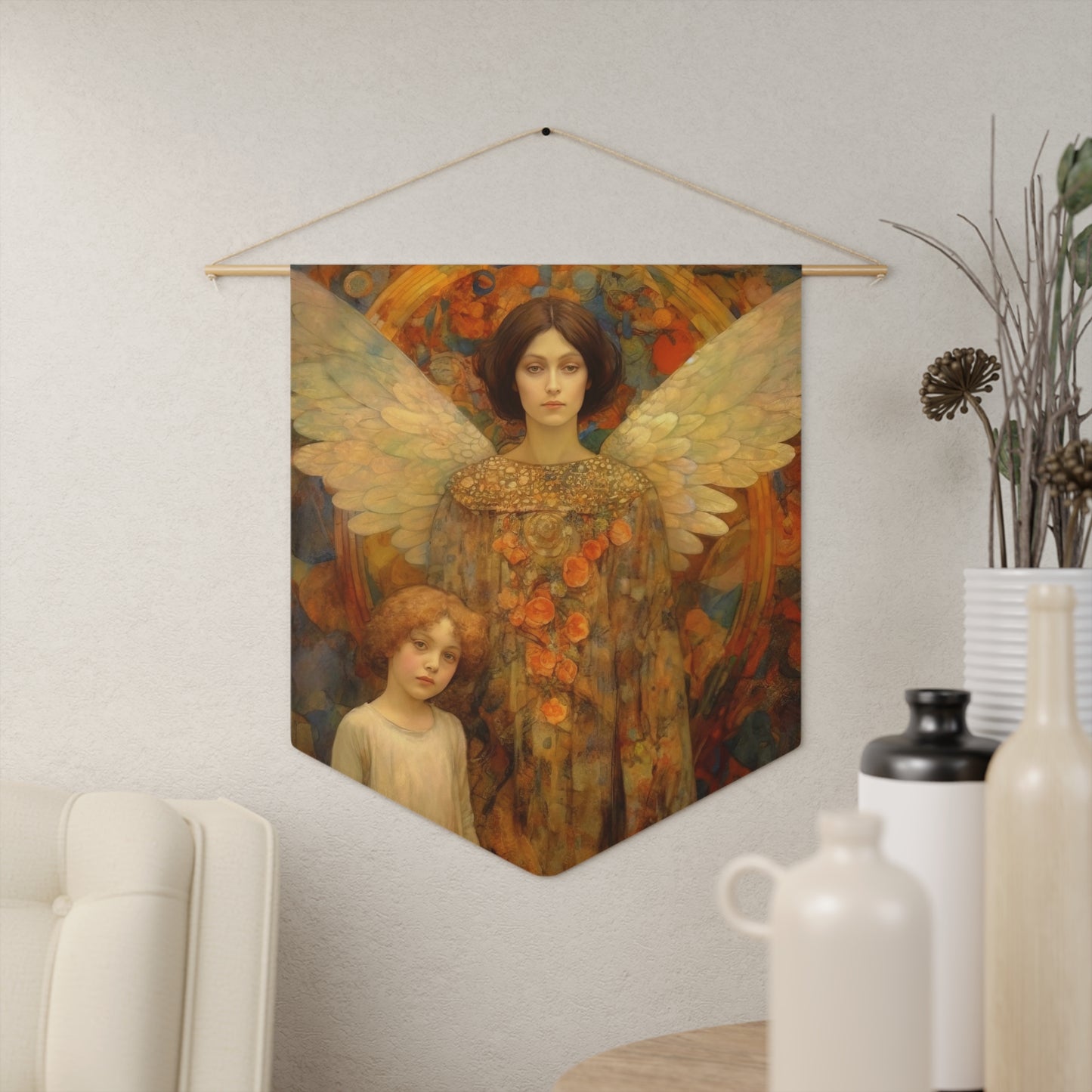 Heaven's Guardian Wall Banner / Wall Hanging - Guardian Angel Art - Nursery Room Print for your home - 18" x 21"