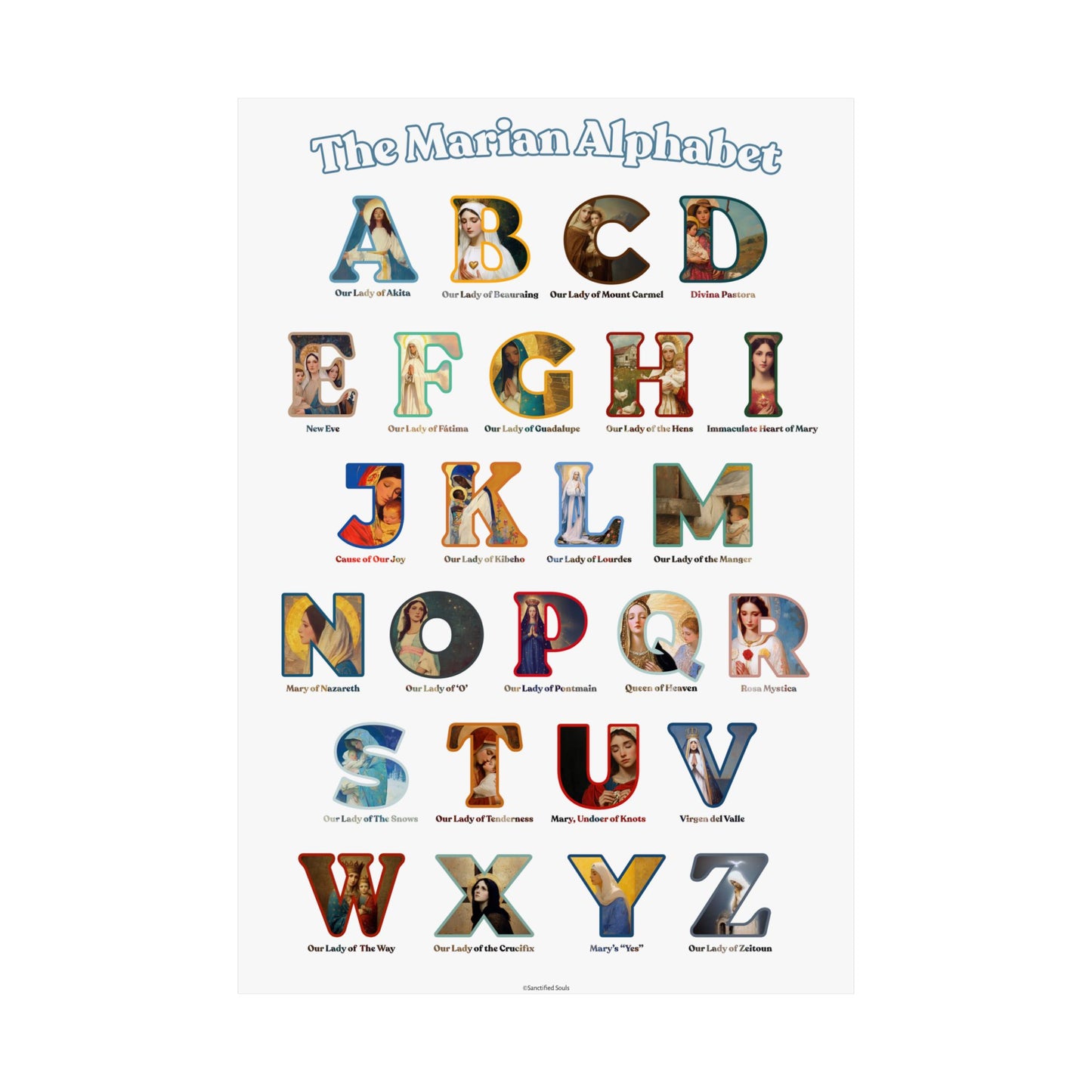 Catholic Marian Alphabet Poster - ABC Wall Art - Marian Titles Catholic Print - Catholic Nursery or Homeschool Faith Decor - Mother Mary Art
