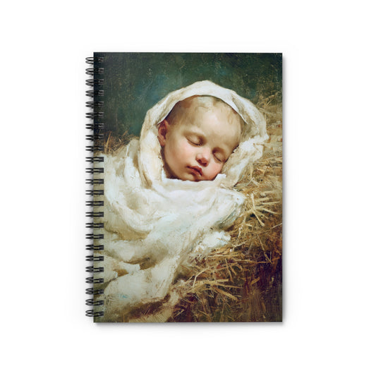 The Christ Child Resting in the Silence of the Manger - Sanctified Souls Art - Religious Based Notebook - Spiral Notebook