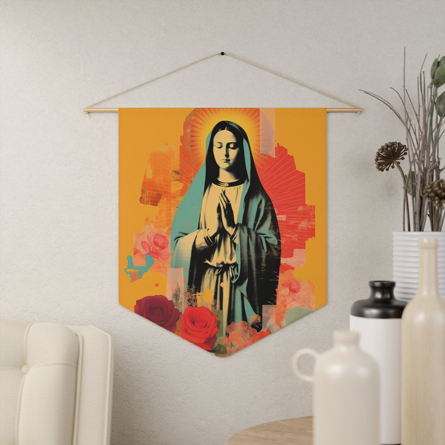 Roses of Tepeyac - Our Lady of Guadalupe Wall Banner / Wall Hanging - Prayer room art - Catholic Home Art - Large Saint Art - 18" x 21"