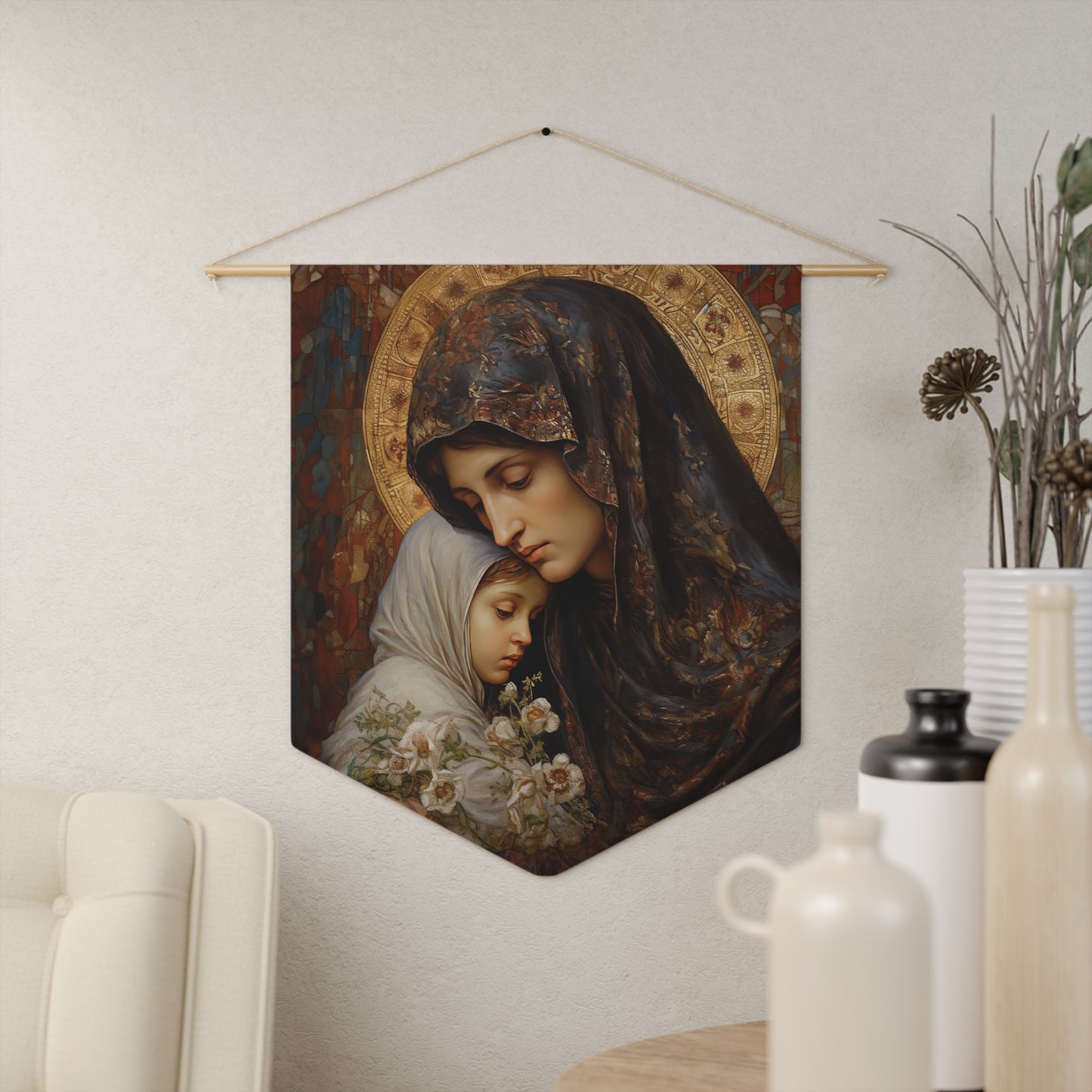 Mary, Mother of God - Protectress of Families Pennant / Banner / Wall Hanging - Prayer room art - 18" x 21" - Catholic Gift