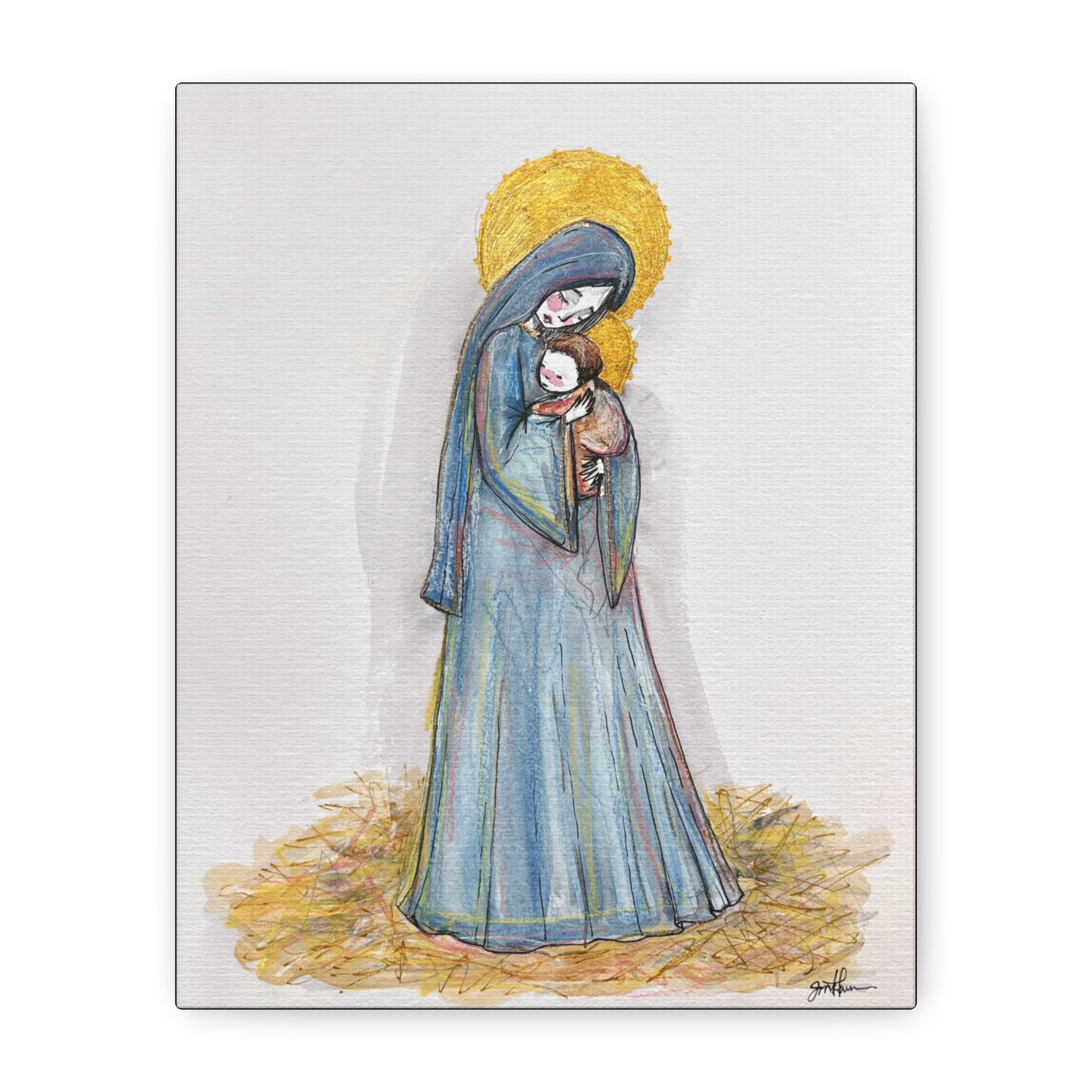 Our Lady of the Manger - Mother Mary Art - Catholic Canvas Print | Virgin Mary Sacred Art | Hand-Drawn Watercolor Christian Wall Art