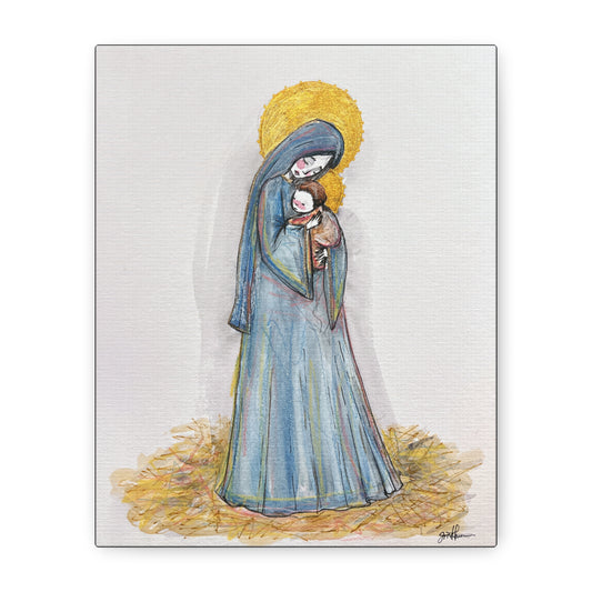 Our Lady of the Manger - Mother Mary Art - Catholic Canvas Print | Virgin Mary Sacred Art | Hand-Drawn Watercolor Christian Wall Art