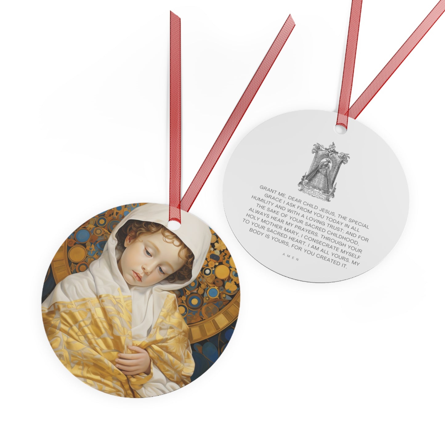 Divine Innocence: The Christ Child Metal Ornament - Religious Holiday Christmas Ornament and Keepsake - Double sided - Prayer Ornament