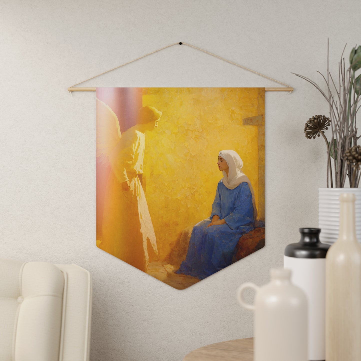 Mary's Yes - Quiet Fiat - Mother Mary - Marian Art - Pennant / Banner / Wall Hanging - Catholic Art - Large - 18" x 21"
