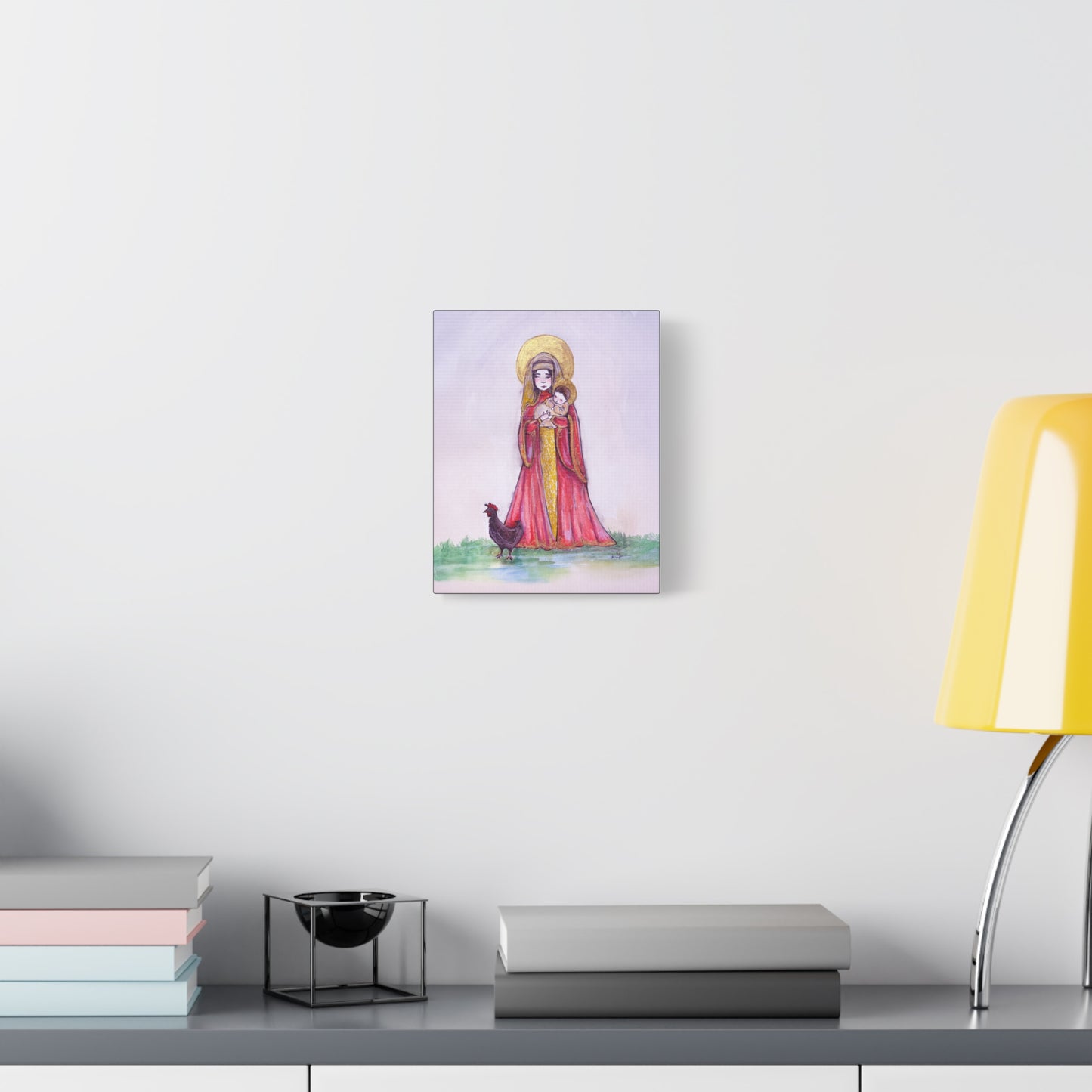 Our Lady of the Hens Catholic Canvas Print | Virgin Mary and Child Sacred Art | Hand-Drawn Watercolor Marian Wall Art