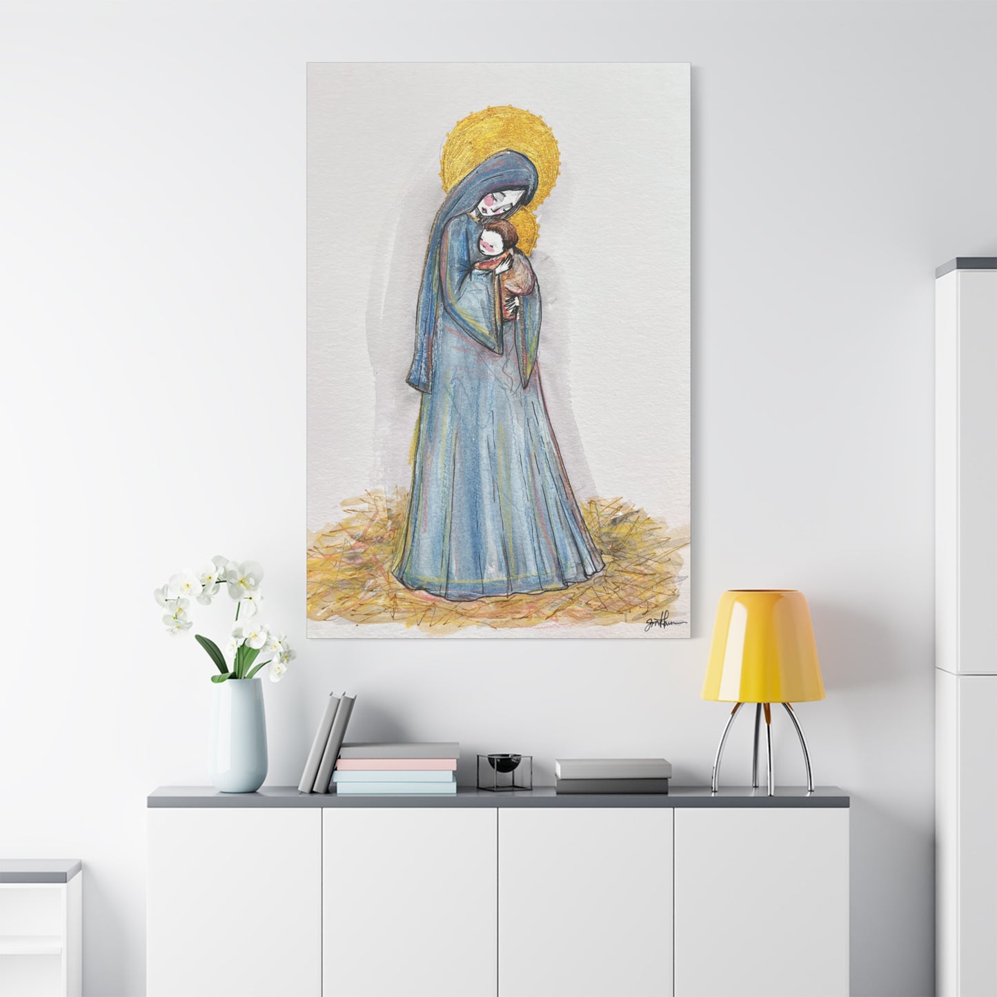 Our Lady of the Manger - Mother Mary Art - Catholic Canvas Print | Virgin Mary Sacred Art | Hand-Drawn Watercolor Christian Wall Art