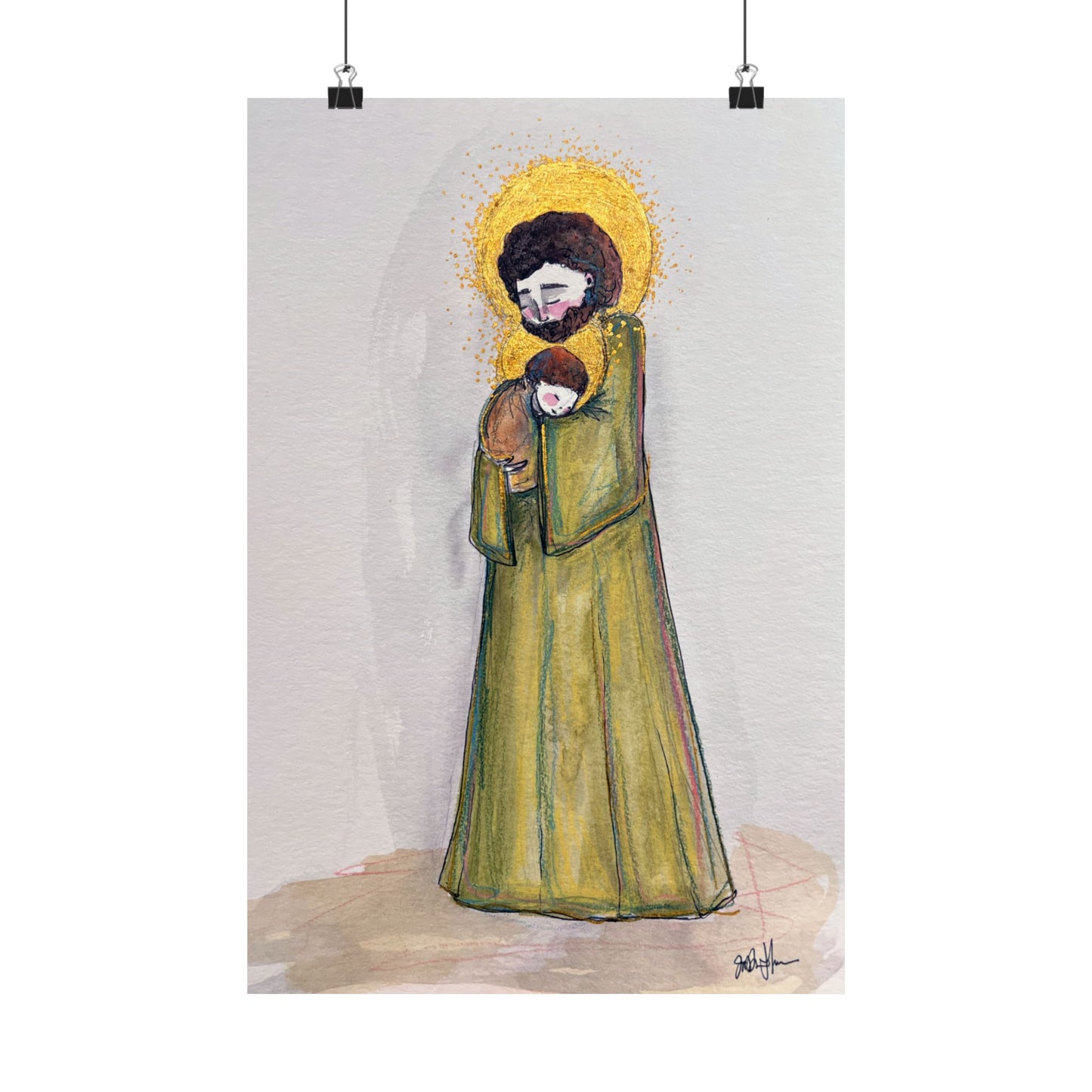 Saint Joseph and Child Jesus Catholic Art Print | Hand-Drawn Watercolor Sacred Artwork | Christian Devotional Wall Art