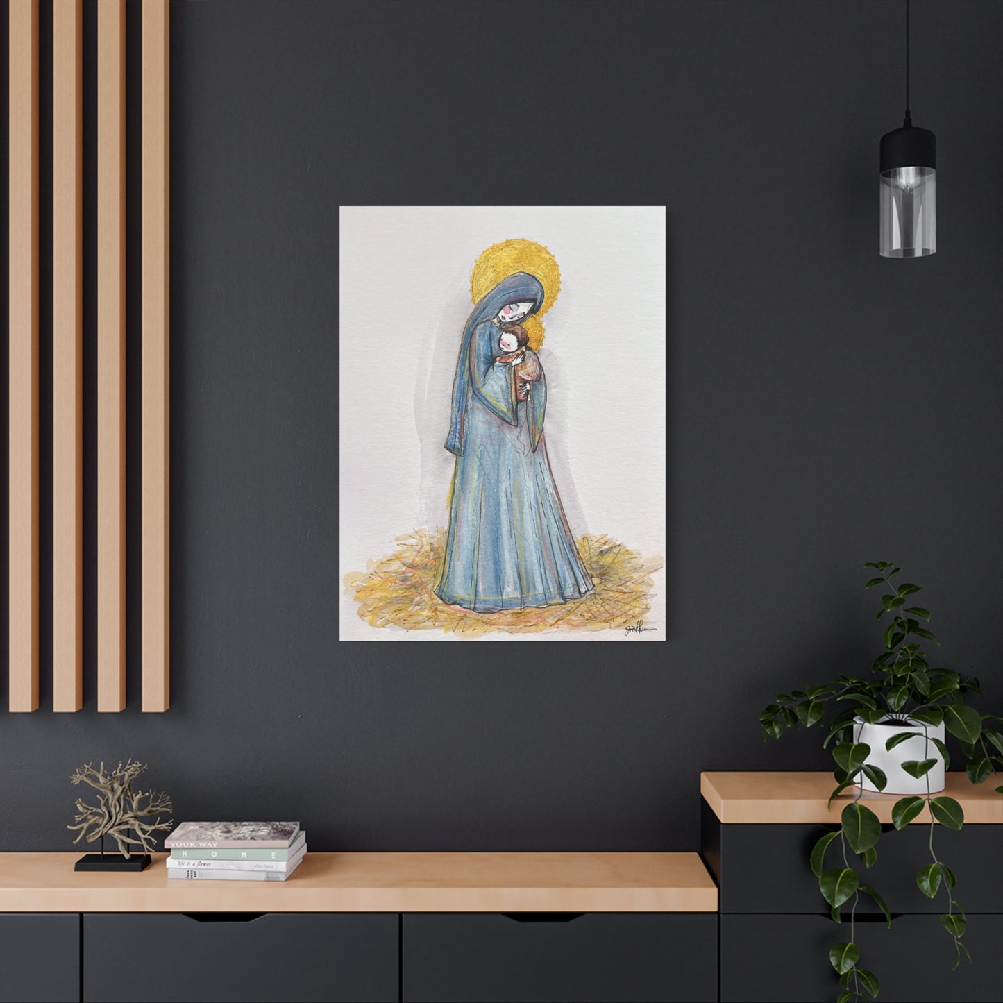 Our Lady of the Manger - Mother Mary Art - Catholic Canvas Print | Virgin Mary Sacred Art | Hand-Drawn Watercolor Christian Wall Art
