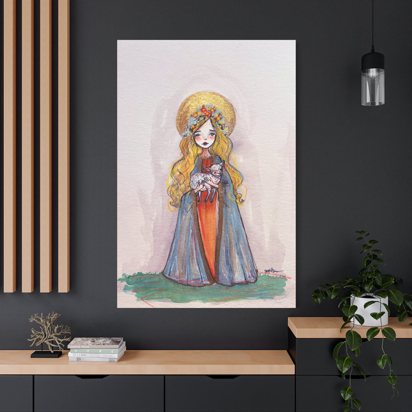 Saint Agnes of Rome Catholic Canvas Print | Christian Sacred Art | Hand-Drawn Watercolor Devotional Wall Art Religious Artwork
