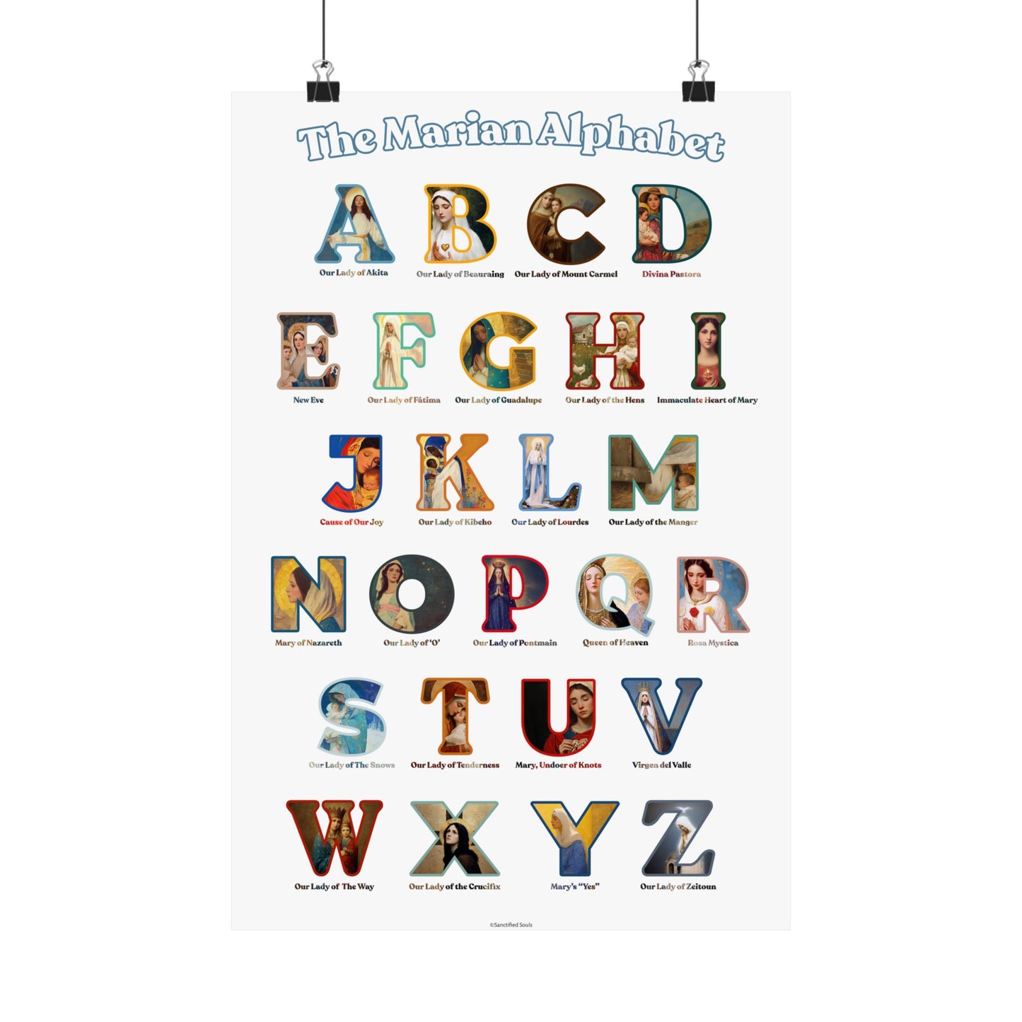 Catholic Marian Alphabet Poster - ABC Wall Art - Marian Titles Catholic Print - Catholic Nursery or Homeschool Faith Decor - Mother Mary Art