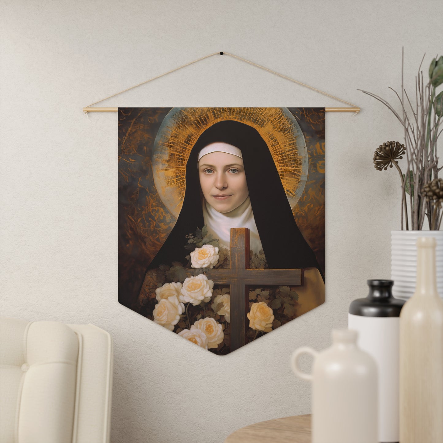 Saint Therese of Lisieux Wall Banner / Wall Hanging - Prayer room art - Catholic Home -  18" x 21"