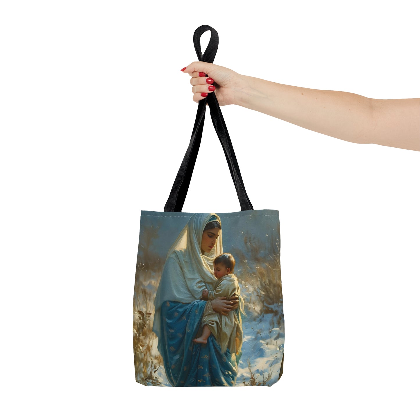 Snowfall of Grace - Our Lady's Winter Radiance - Our Lady of the Snows Tote Bag - Large Medium Small Faith Art Bag