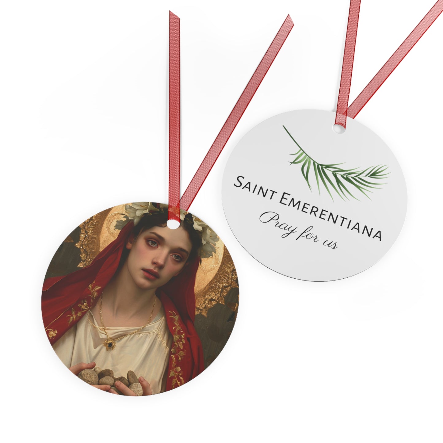 Saint Emerentiana Metal Ornament - Religious Holiday Christmas Ornament and Keepsake - Double sided - Catholic art gift