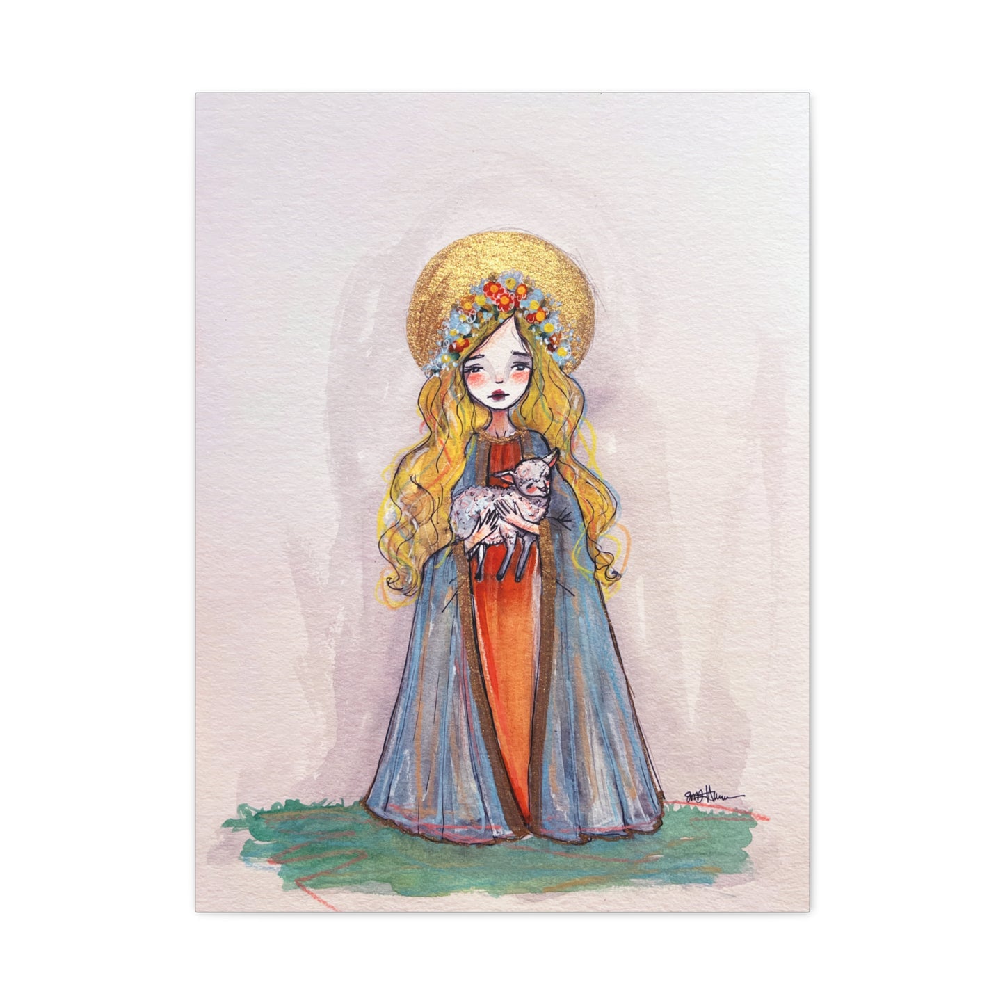 Saint Agnes of Rome Catholic Canvas Print | Christian Sacred Art | Hand-Drawn Watercolor Devotional Wall Art Religious Artwork