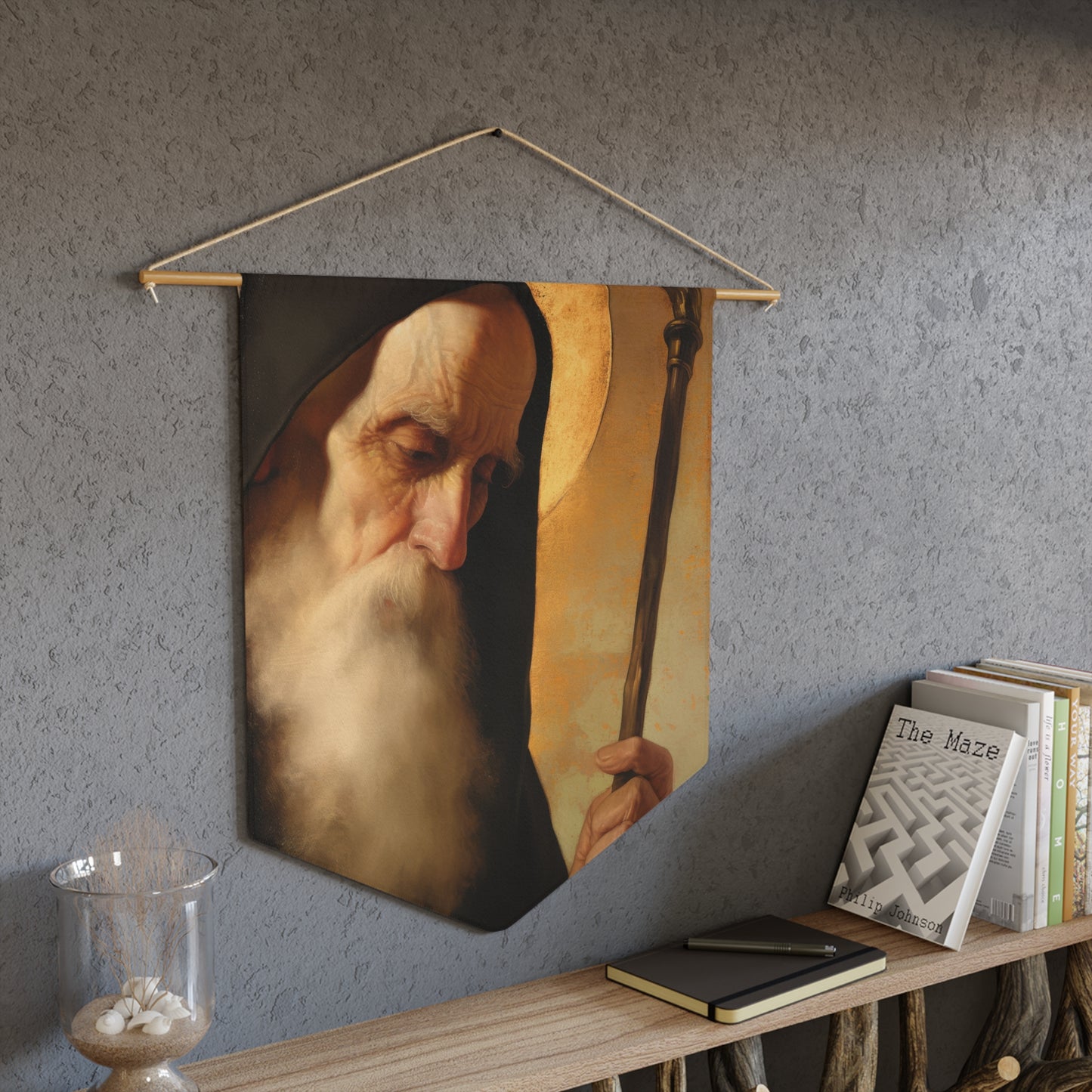 Saint Benedict Pennant / Banner / Wall Hanging - Prayer room art - 18" x 21" - Catholic - Large Banner