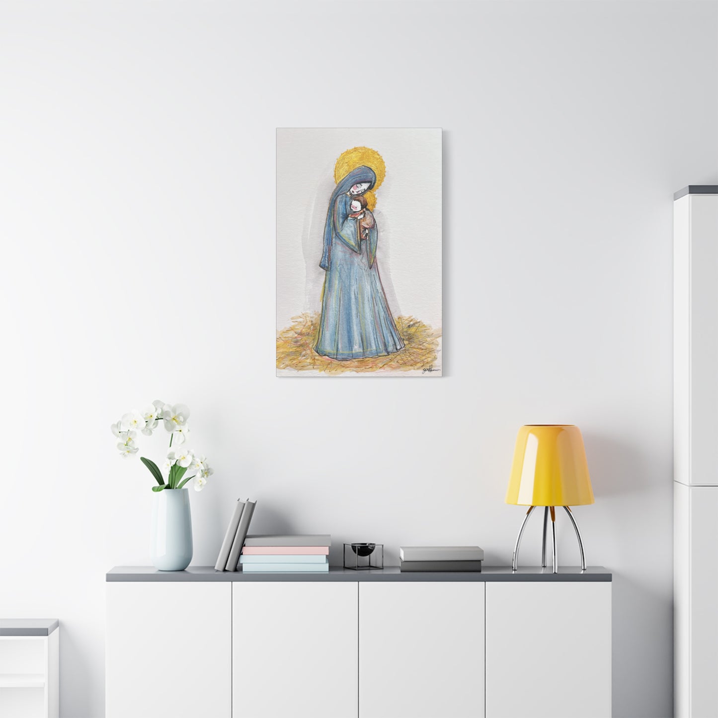 Our Lady of the Manger - Mother Mary Art - Catholic Canvas Print | Virgin Mary Sacred Art | Hand-Drawn Watercolor Christian Wall Art