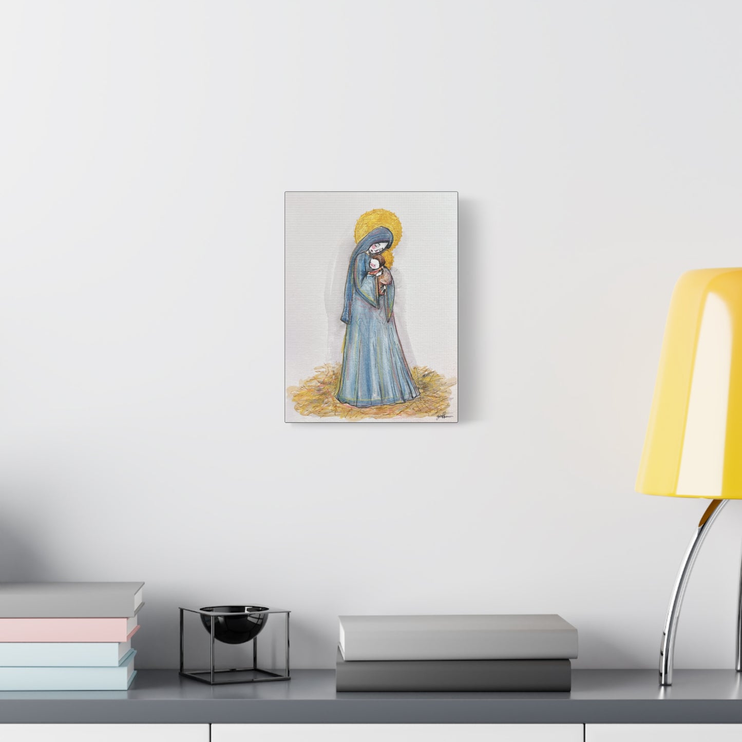 Our Lady of the Manger - Mother Mary Art - Catholic Canvas Print | Virgin Mary Sacred Art | Hand-Drawn Watercolor Christian Wall Art