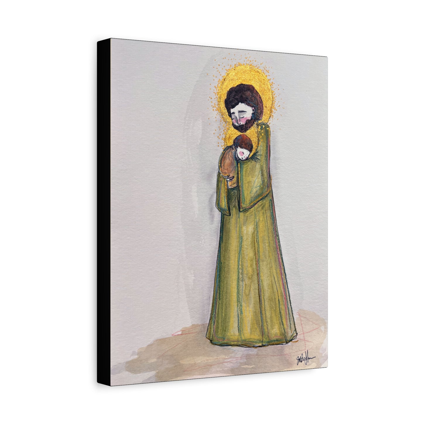 Saint Joseph and Child Jesus Catholic Canvas Print | Hand-Drawn Watercolor Sacred Art | Christian Devotional Wall Art
