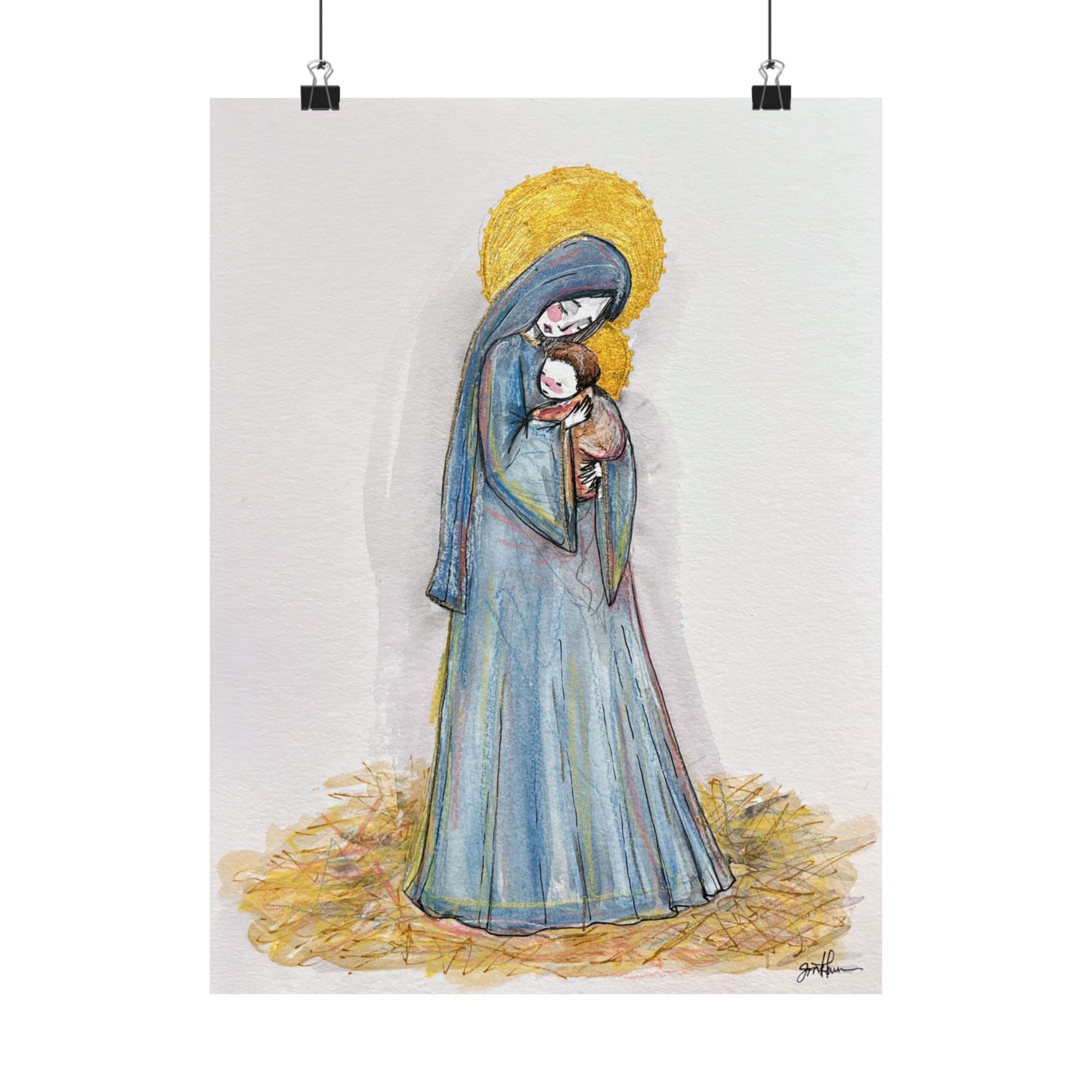 Our Lady of the Manger Catholic Art Print | Hand-Drawn Watercolor Virgin Mary Artwork | Christian Devotional Wall Art