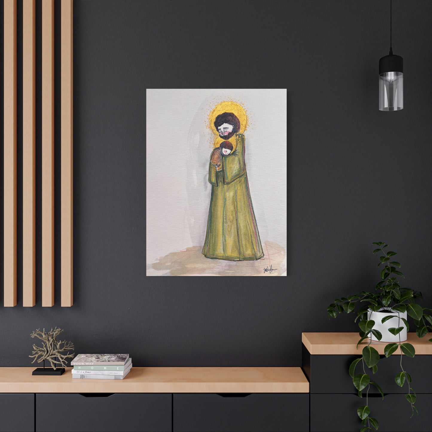 Saint Joseph and Child Jesus Catholic Canvas Print | Hand-Drawn Watercolor Sacred Art | Christian Devotional Wall Art