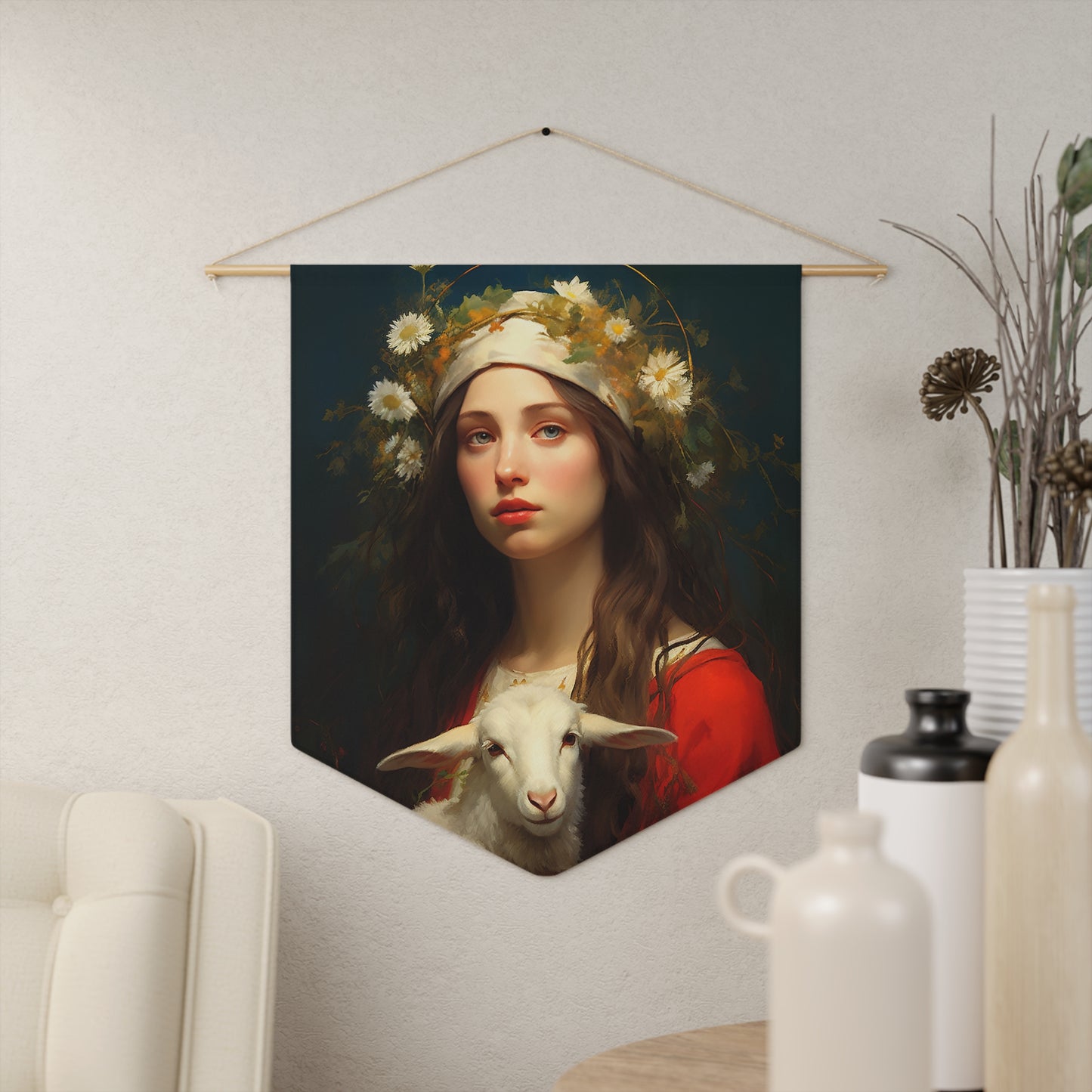 Saint Agnes Wall Banner / Wall Hanging - Prayer room art - Catholic Home Art - Large Saint Art - 18" x 21"