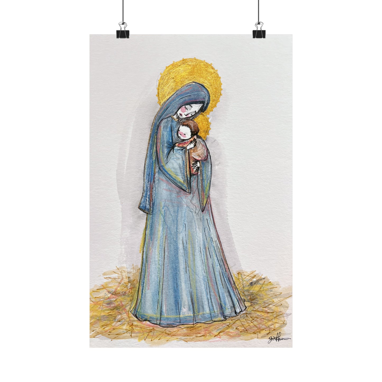 Our Lady of the Manger Catholic Art Print | Hand-Drawn Watercolor Virgin Mary Artwork | Christian Devotional Wall Art