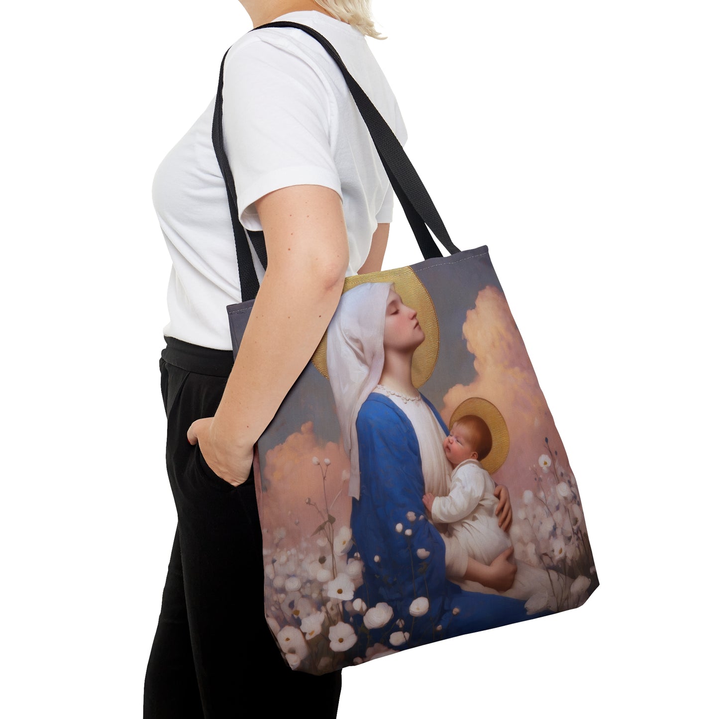 Our Lady Among the Flowers - Tote Bag - Large Medium Small Faith Art Bag - Bible Study Faith Purse - Double Sided Prayer Tote