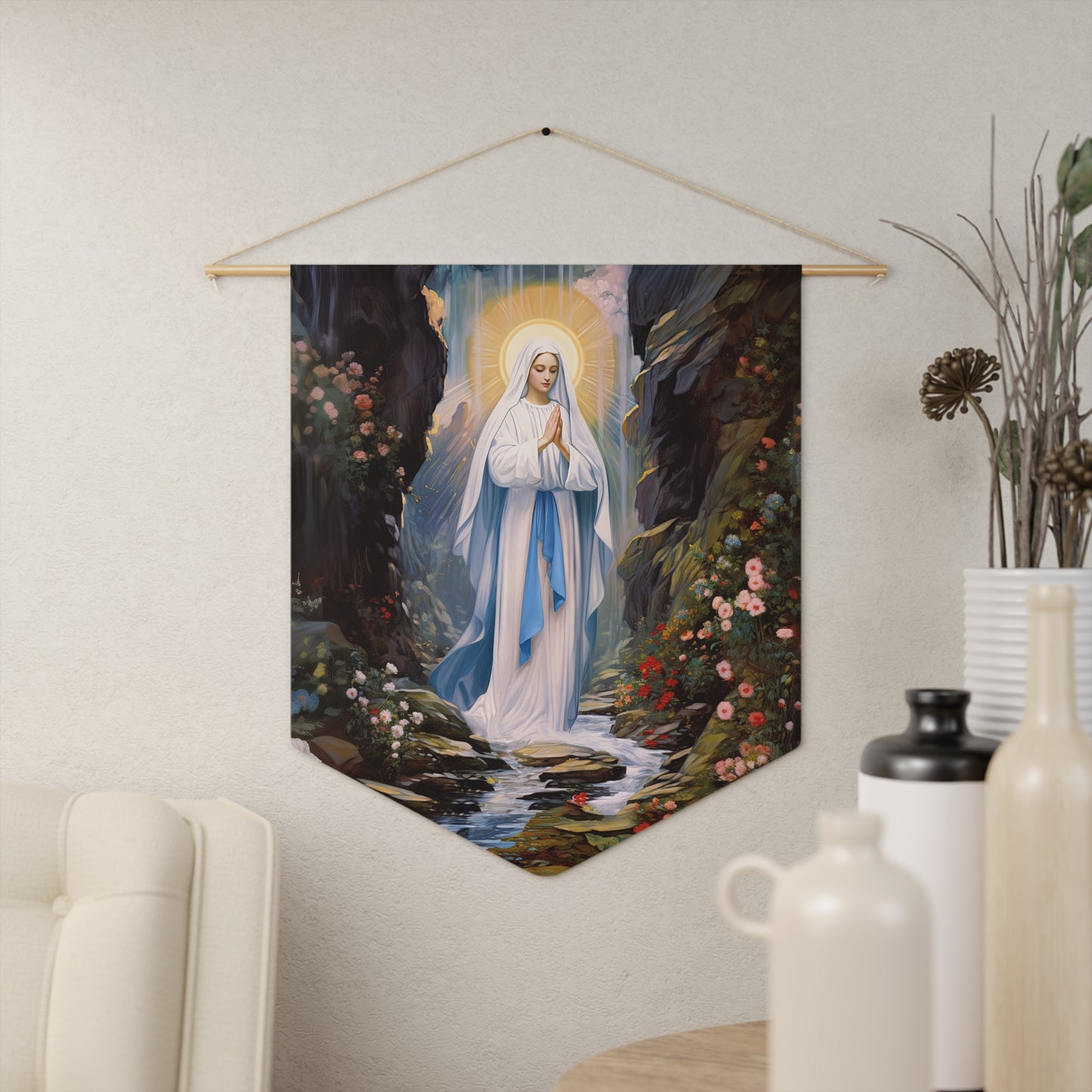 Our Lady of Lourdes Wall Banner / Wall Hanging / Pennant - Prayer room art - Catholic - Mary Blessed Virgin Art for your home - 18" x 21"